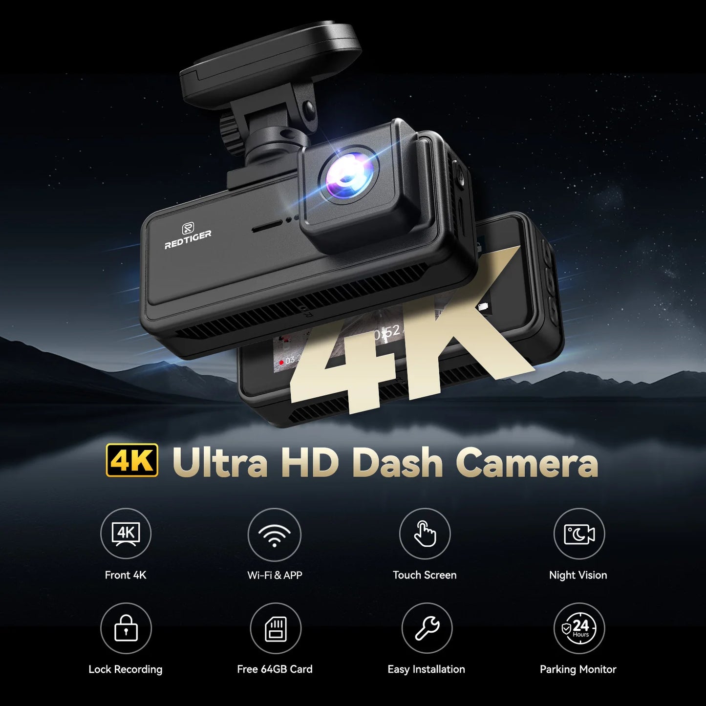 REDTIGER A8 4K Dual Dash Cam Front And Rear Car Camera