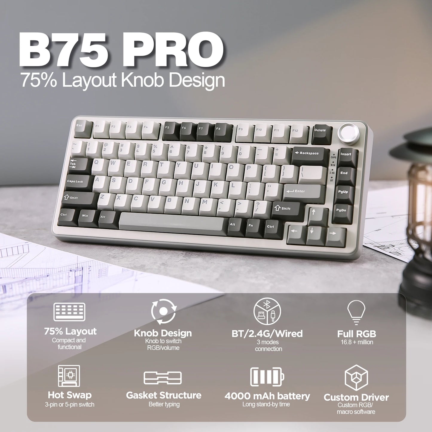 YUNZII B75 PRO 82-Key Wireless Mechanical Gaming Keyboard