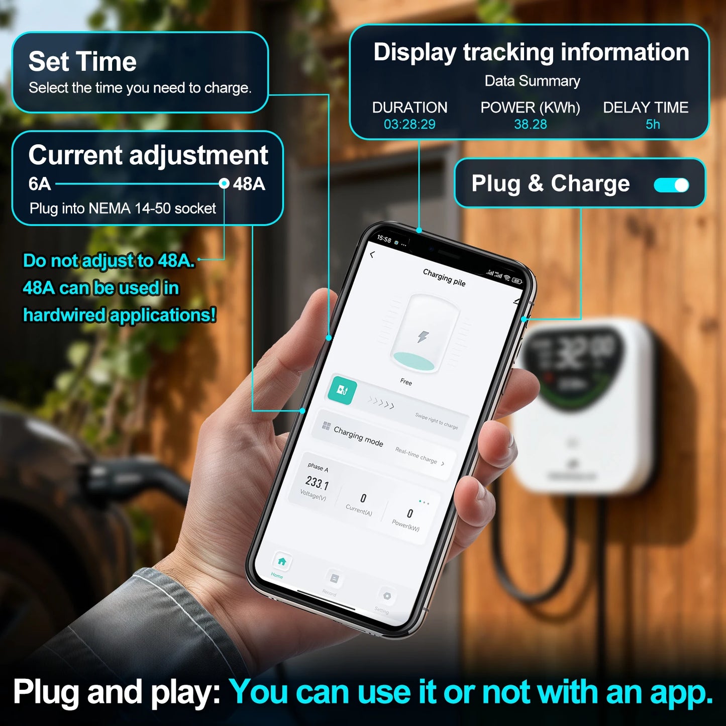 DREAMDASH 48A Level 2 EV Charger 11.5KW Wi-Fi Smart Charging Station