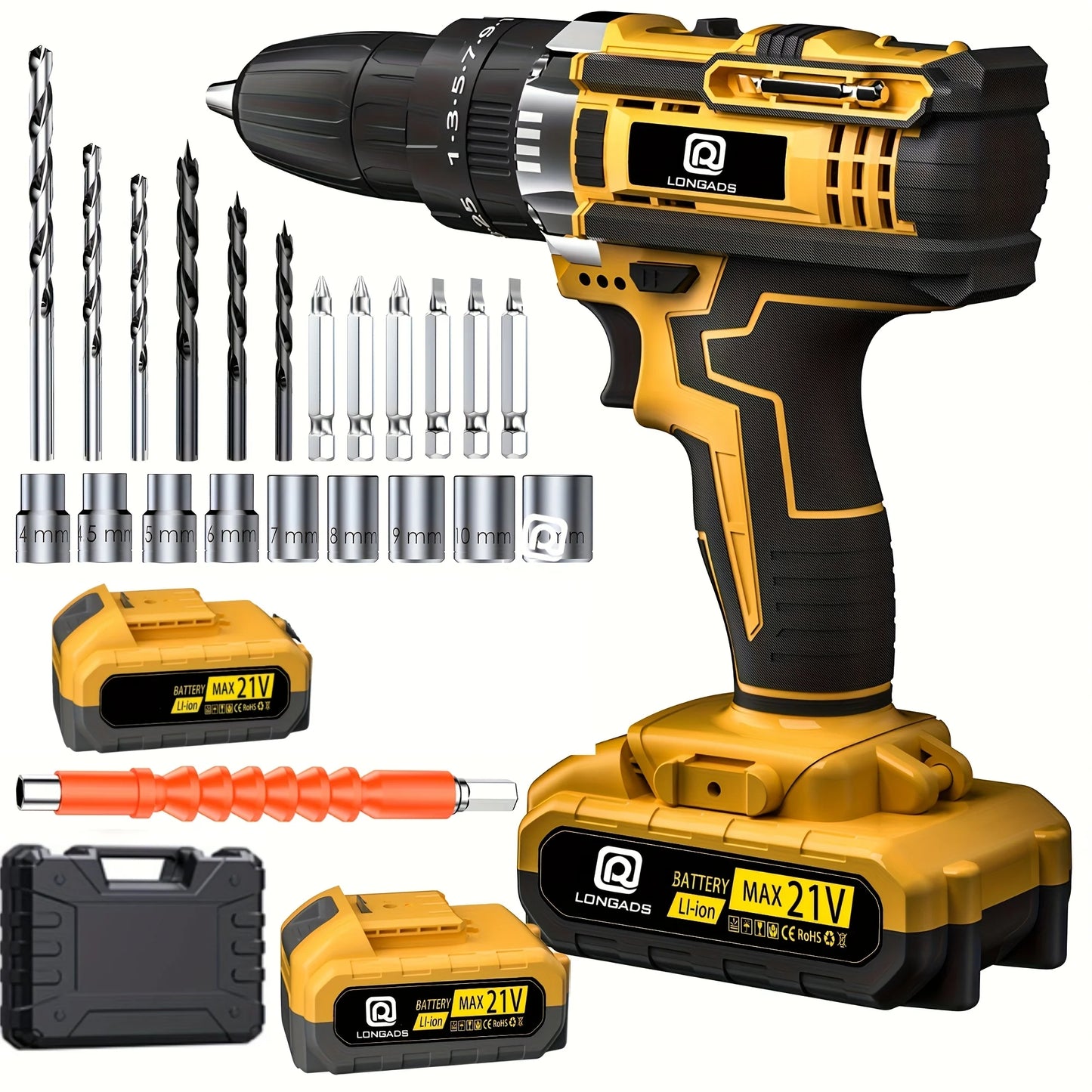 JUSFIT 21V Cordless Drill/Driver Kit, 2 Speed, Keyless 3/8"