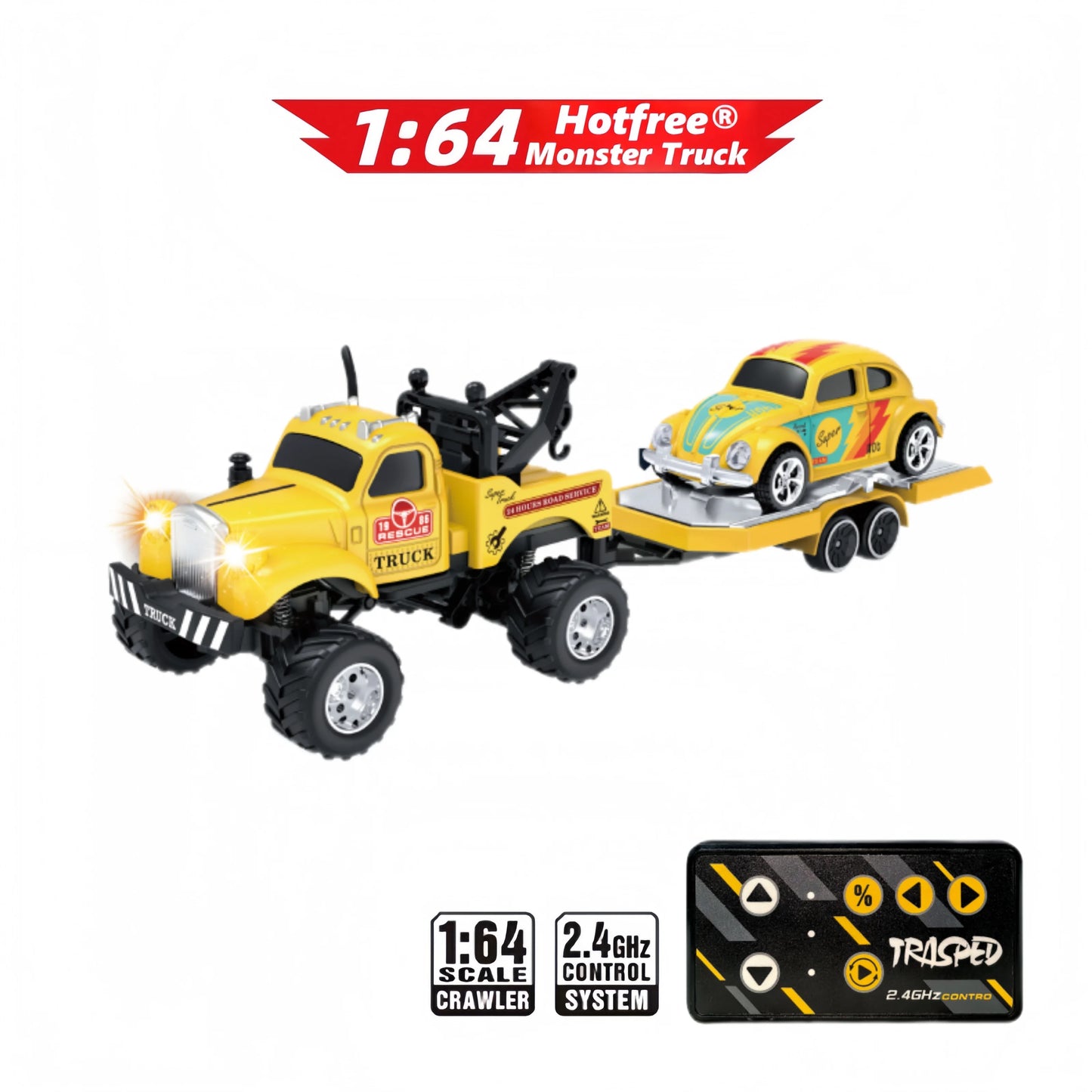 Hotfree 1/64 Mini RC Monster Truck, Metal Off-Road Stomper with Trailer