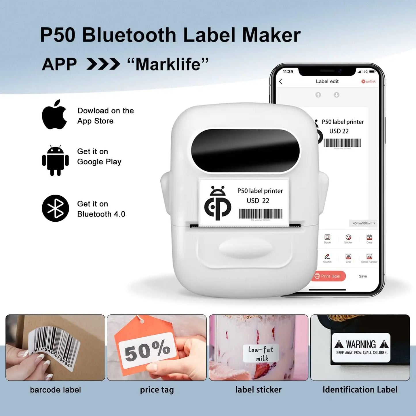MARKLIFE P50 Mini Portable Bluetooth Thermal Label Printer