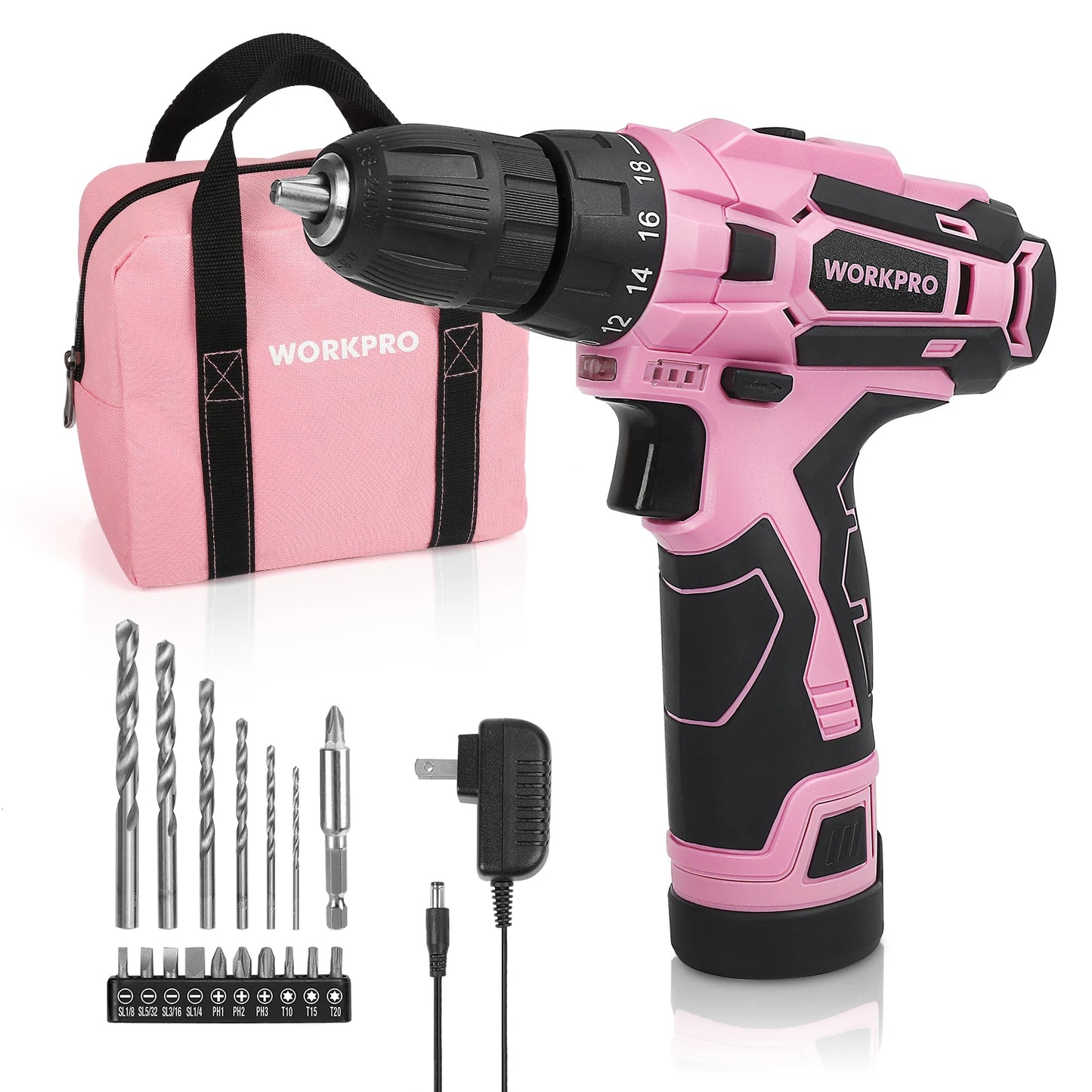 WORKPRO Pink Cordless Drill Driver Set, 12V Electric Screwdriver