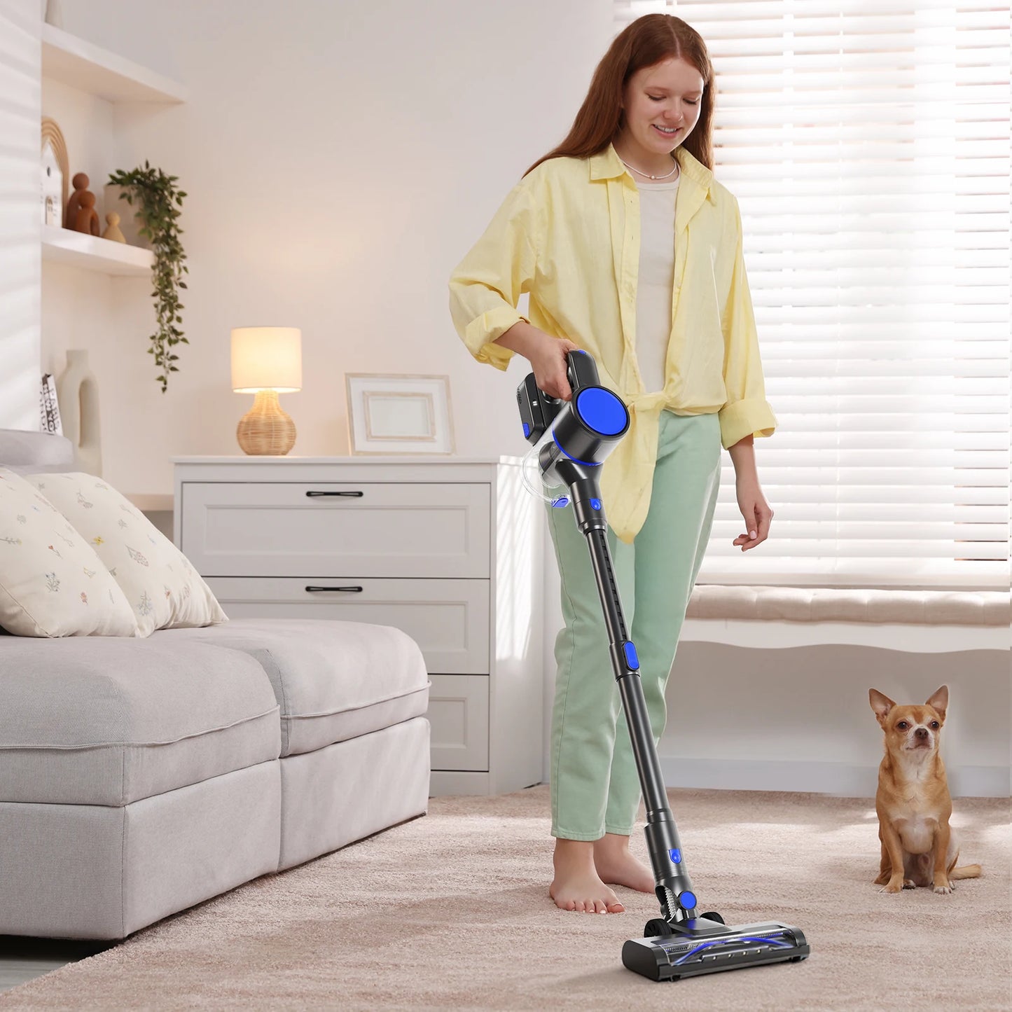 JHK Cordless Vacuum Cleaner with Flexible Steering Extendable Pole 3 Brush Heads Lightweight Wireless Rechargeable Upright Vacuum with LED Light Wall Mount for Hardwood Floors Carpet