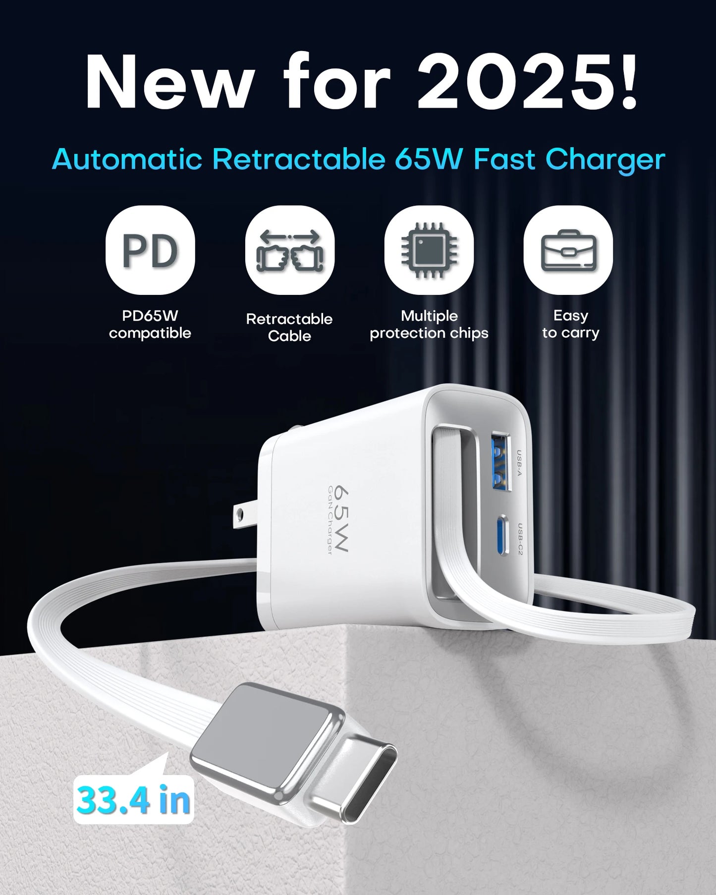 TOPADRE 65W GaN Wall Charger with Retractable USB-C Cable