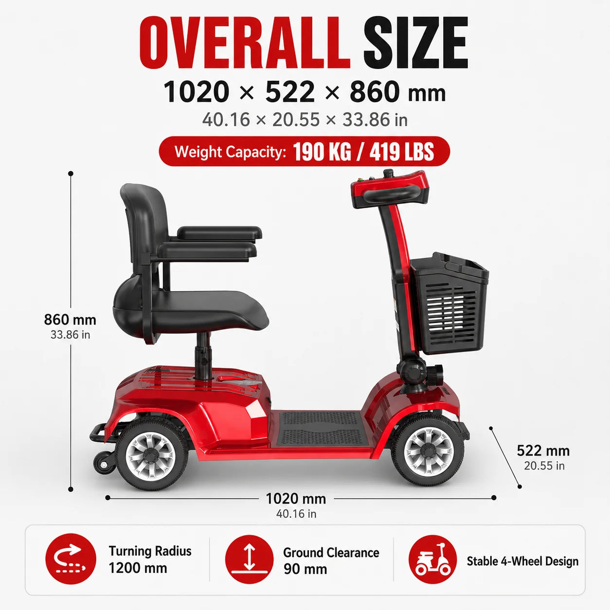 Electric Mobility Scooter for Seniors Adults 4 Wheel Power Scooter