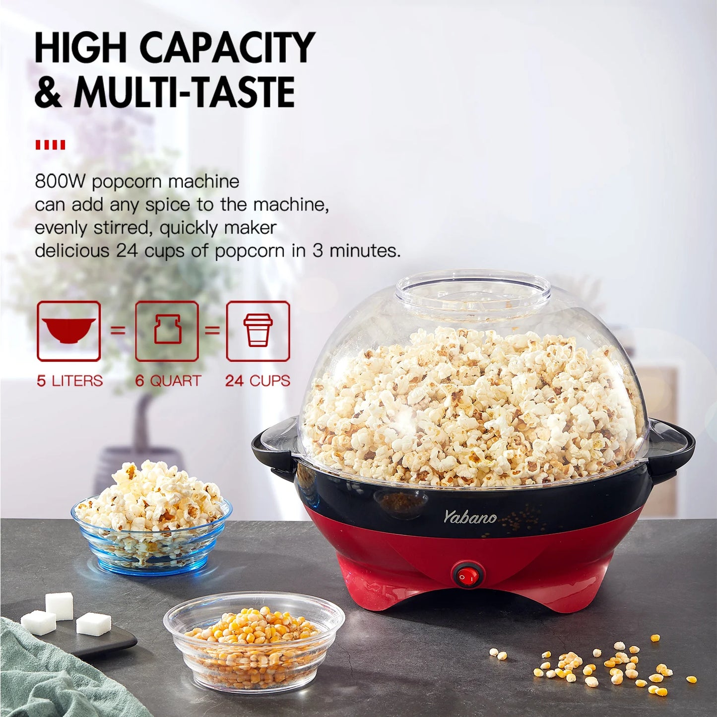 Yabano Popcorn Machine, 6-Quart Popcorn Popper maker, Nonstick Plate, Electric Stirring with Quick-Heat Technology, Cool Touch Handles