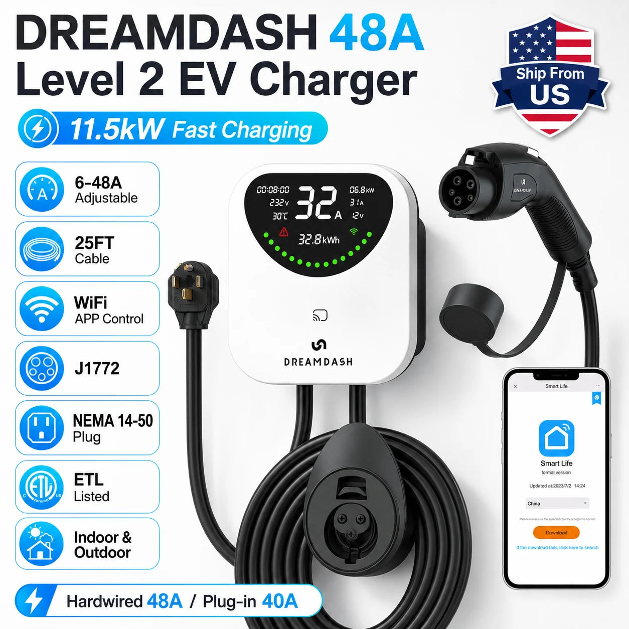 DREAMDASH 48A Level 2 EV Charger 11.5KW Wi-Fi Smart Charging Station