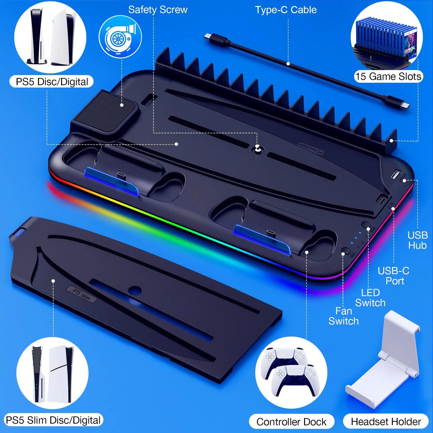 BEBONCOOL S2000 PS5 Slim Stand | 3-Gear Cooling RGB Light