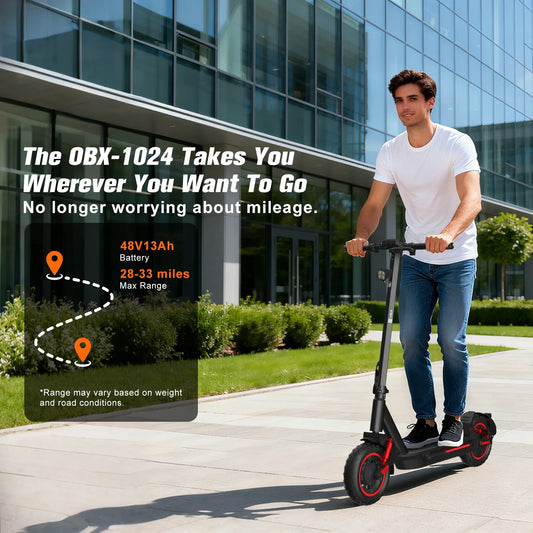 OBX Electric Foldable Scooter 30 MPH Fastest Dual Motor for Adult Scooter 1200W Peak 33 Mile Long Range 10" Off-Road Tires 48V 13ah