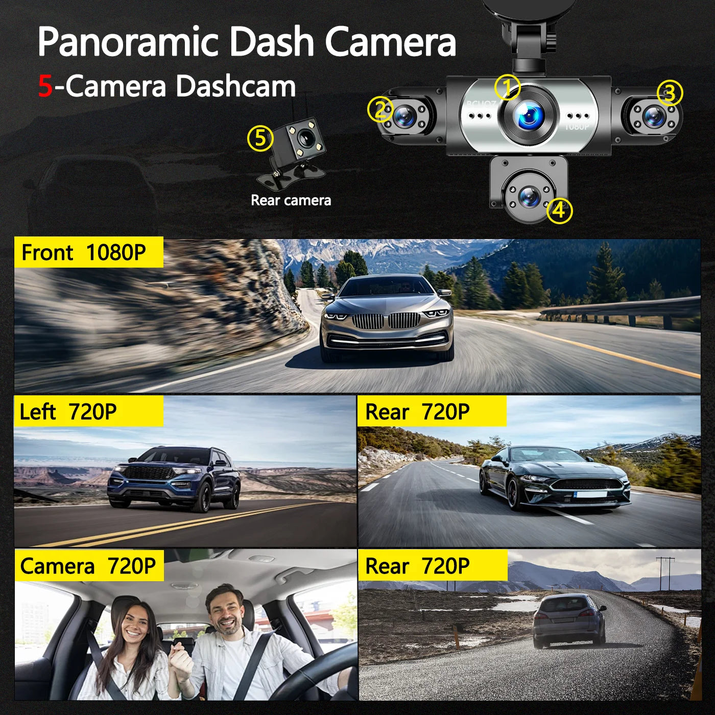 BCUOZ 5-Lens 360° Dashcam 1080P Front 720P Rear