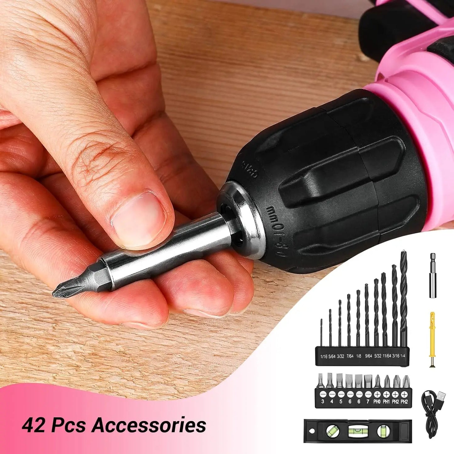 DEKO 8V Pink Cordless Drill, Drill Set with 3/8"Keyless Chuck