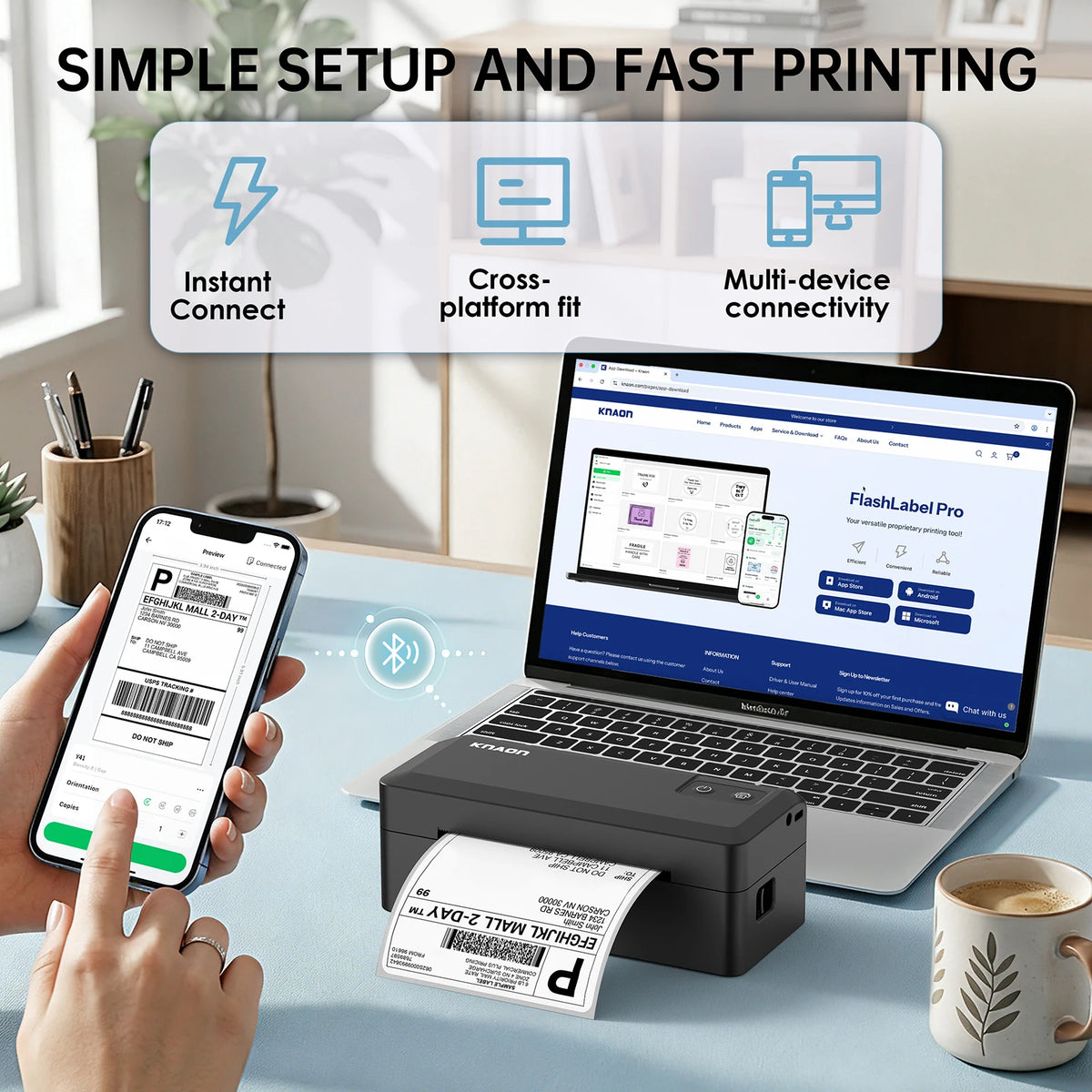 Knaon Thermal Shipping Label Printer, 4x6 Bluetooth Label Printer for Small Business and Home, Supports iPhone, Android, Windows, Mac, Chromebook
