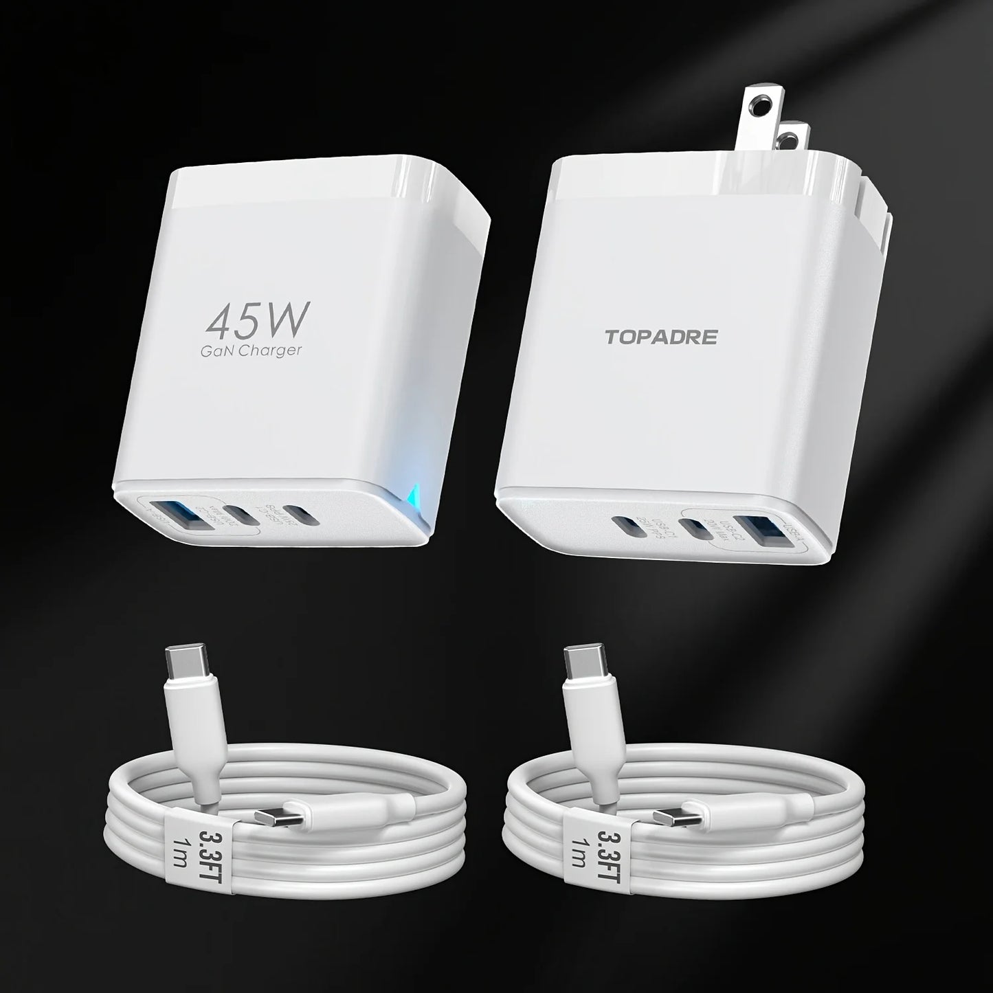 TOPADRE 2packs 45W 3 Port USB Charger Type C