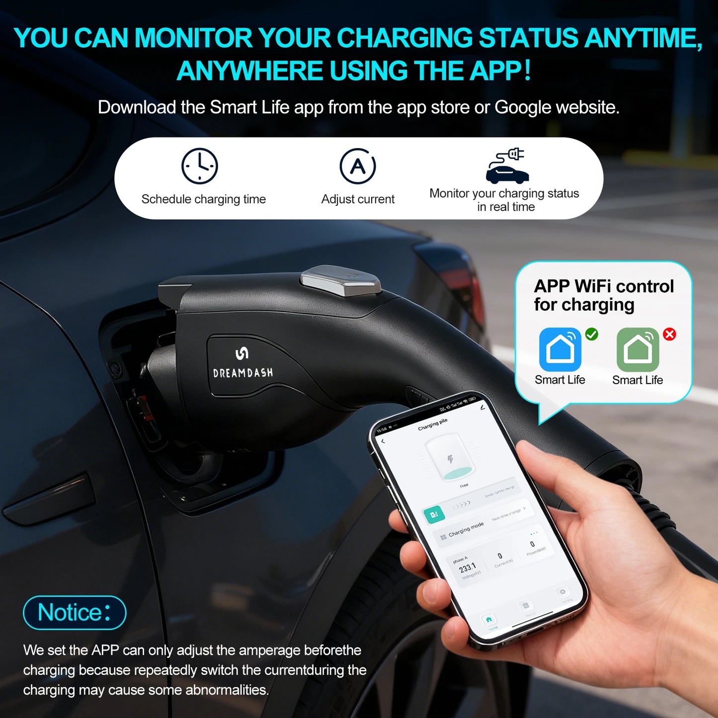 DREAMDASH 48A Level 2 EV Charger 11.5KW Wi-Fi Smart Charging Station