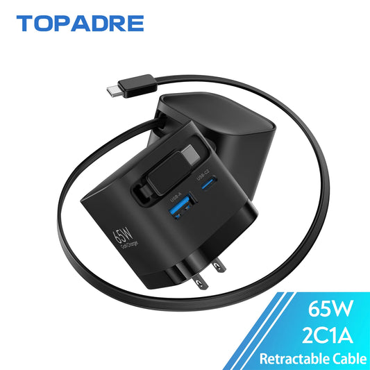 TOPADRE 65W GaN Fast Charger with Retractable Cable