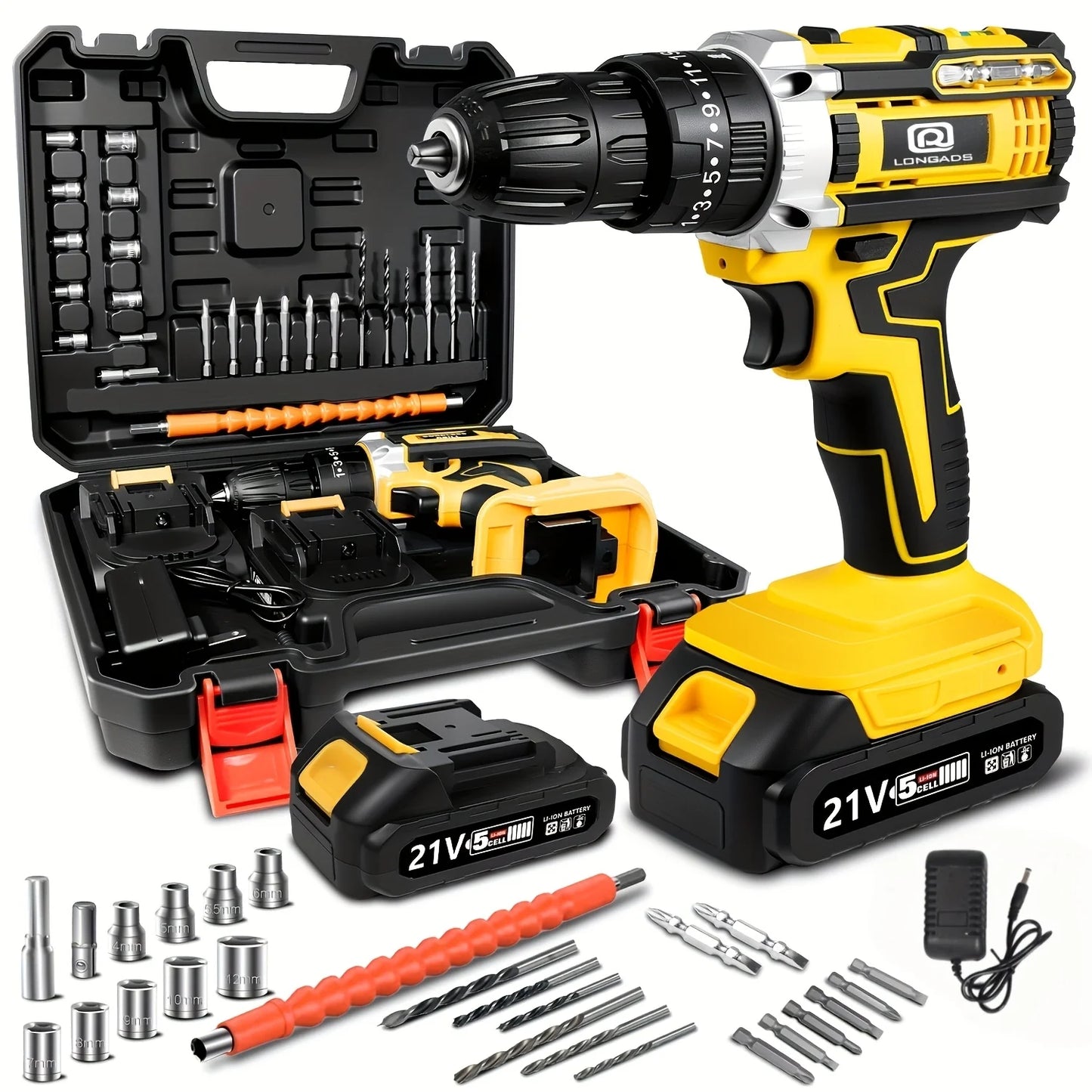 JUSFIT 21V Cordless Drill/Driver Kit, 2 Speed, Keyless 3/8"