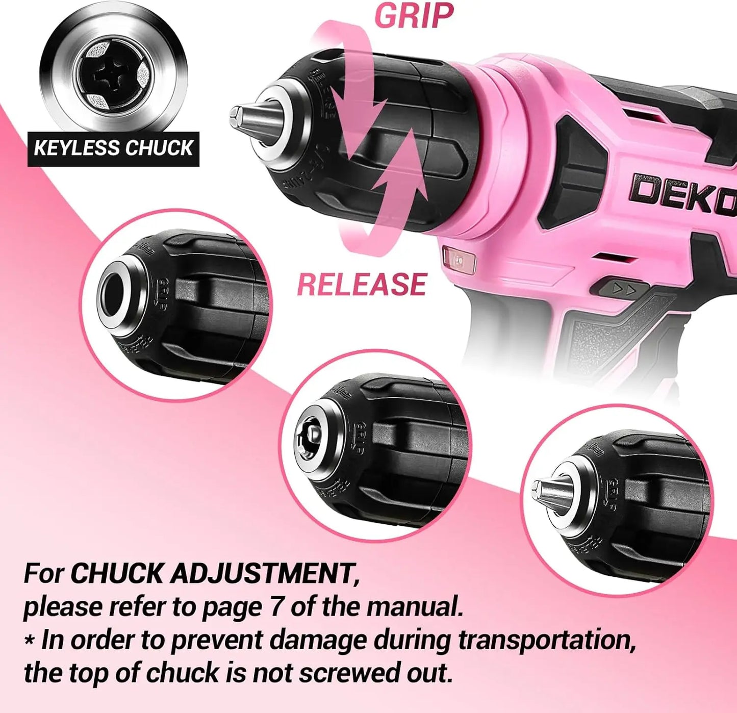 DEKO 8V Pink Cordless Drill, Drill Set with 3/8"Keyless Chuck
