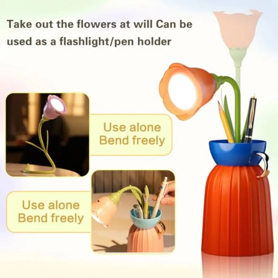 Flower Lamp with Vase, LED Desk Lamp with Flexible Gooseneck