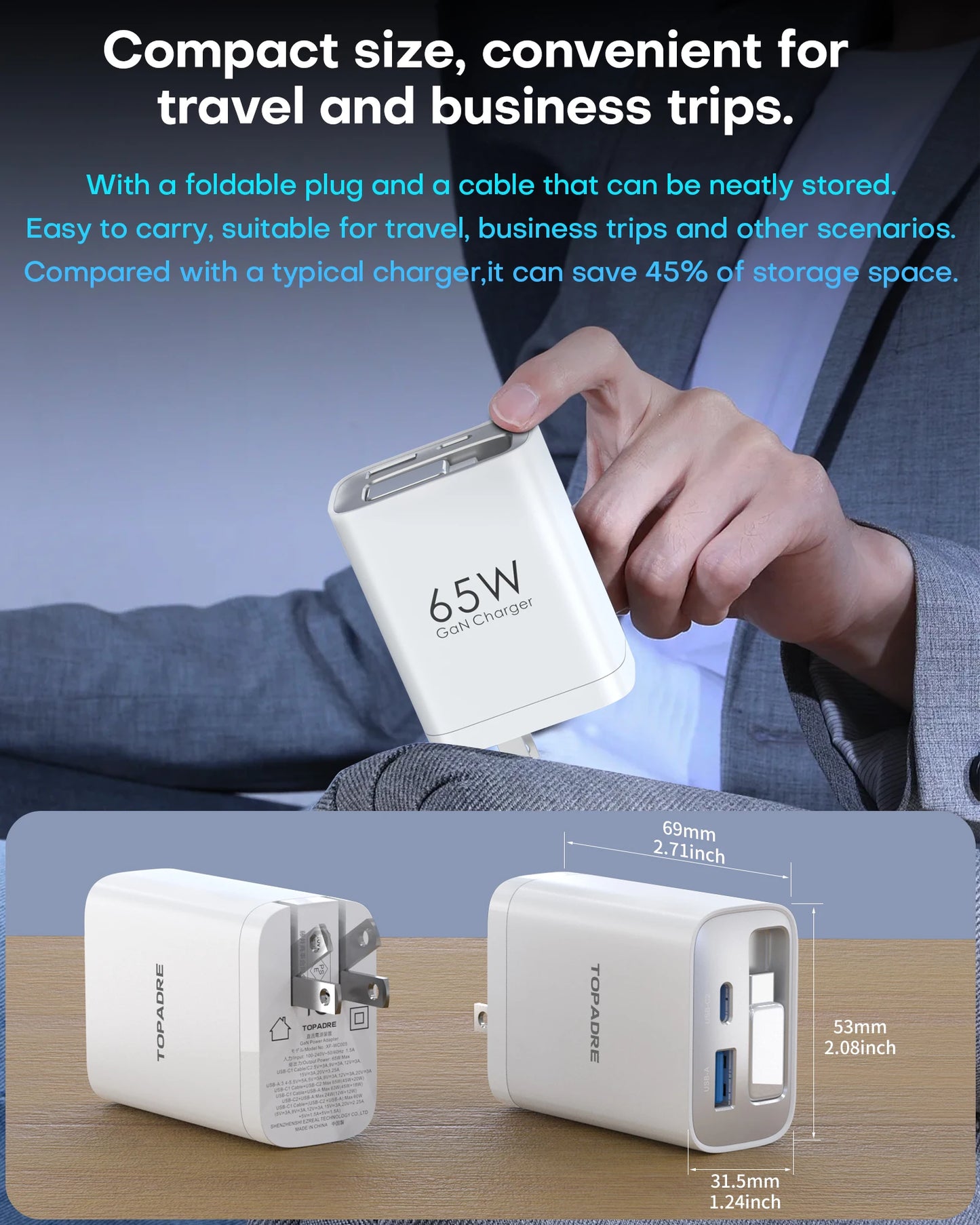 TOPADRE 65W GaN Wall Charger with Retractable USB-C Cable