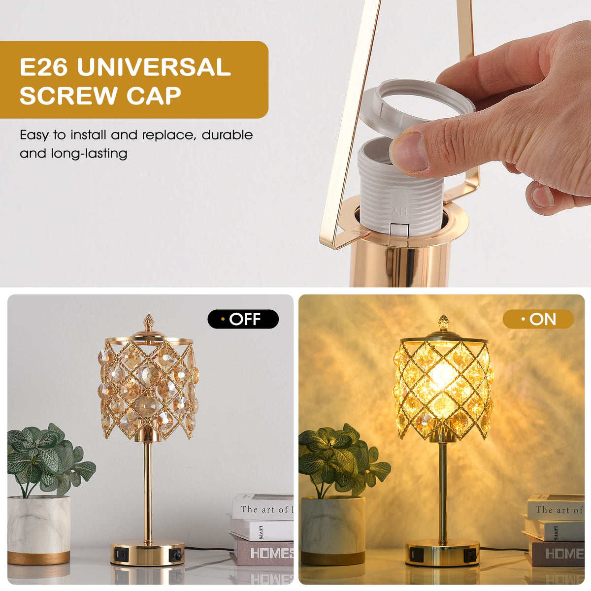 Luxury Gold Crystal Table Lamp with USB Charging Port & AC Outlet