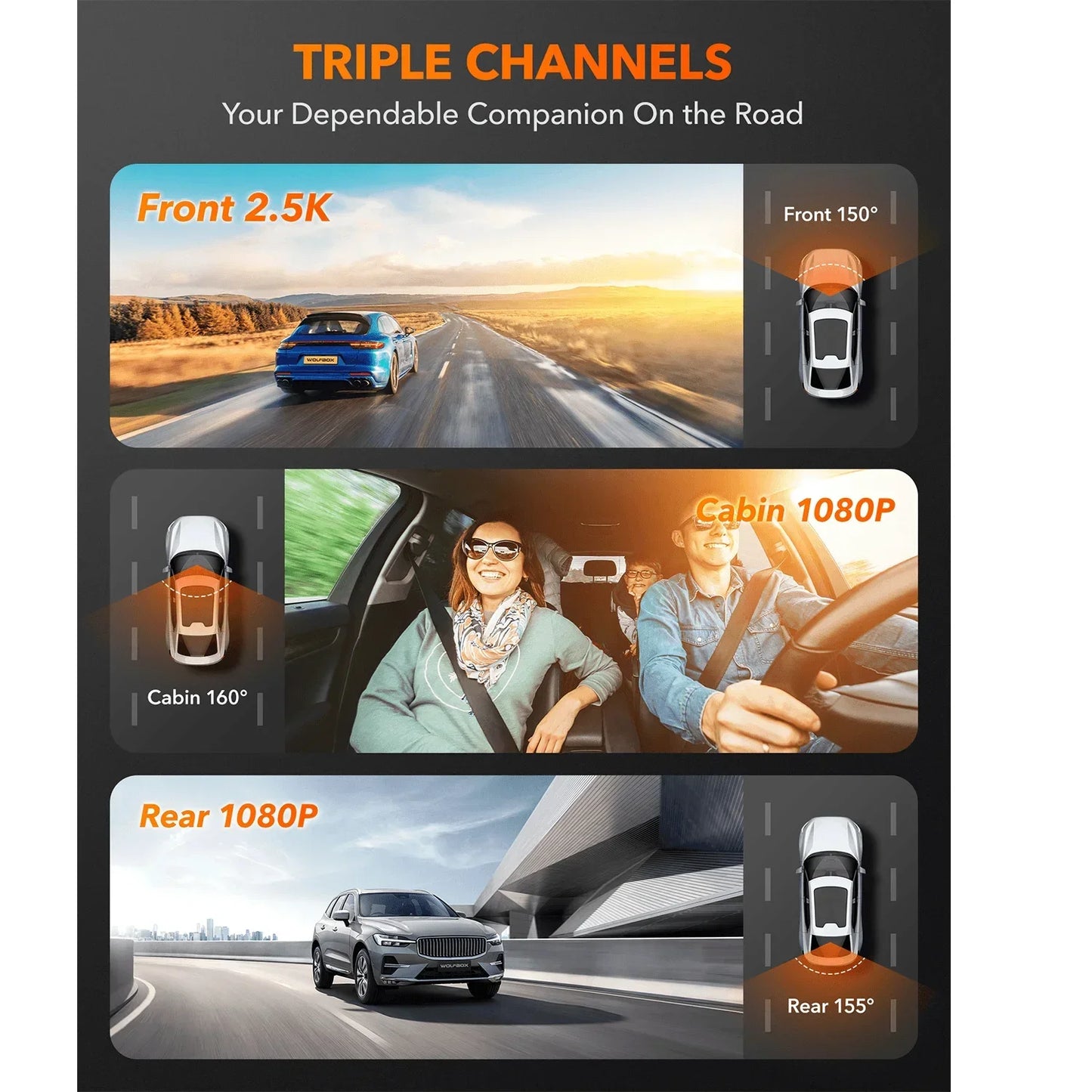 WOLFBOX I07 Dash  Cam 3 Channel Dash Camera