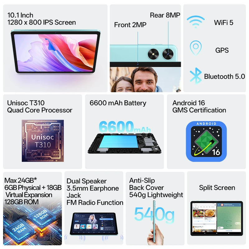 SVITOO Tablet 2026 Android 16 10.1" HD Unisoc T310