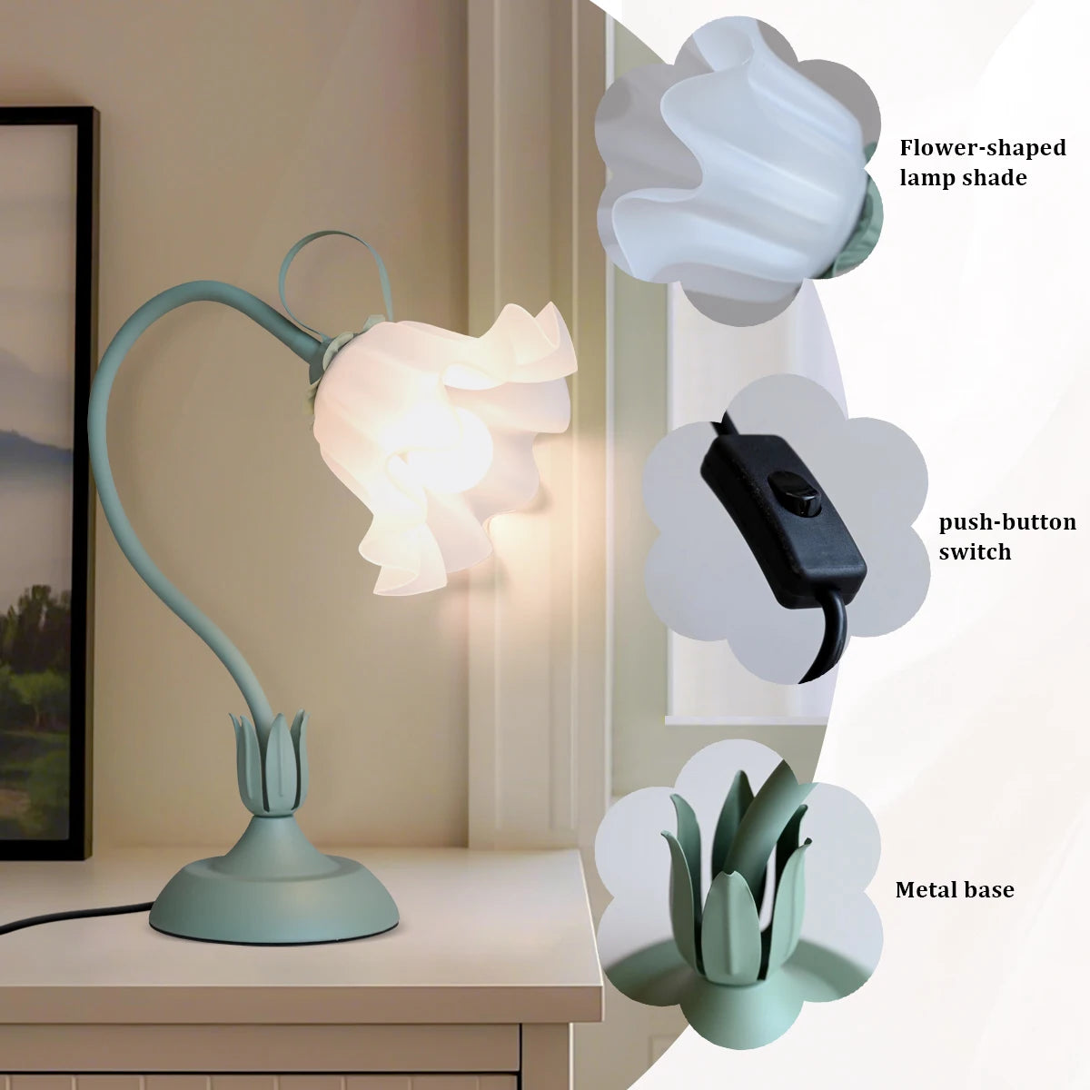 Vintage Bedside Lamp, Flower Lamp, Living Room Lamp