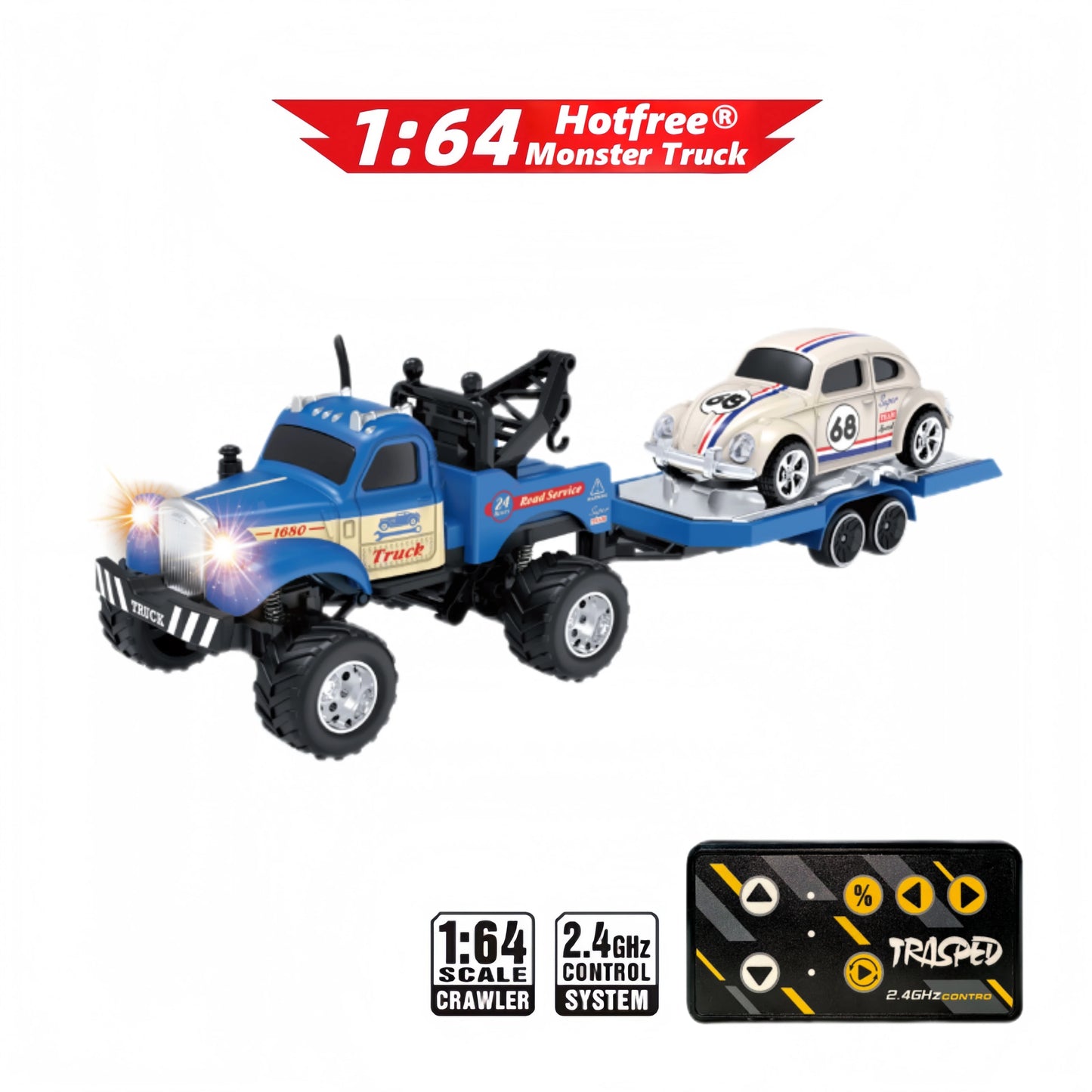 Hotfree 1/64 Mini RC Monster Truck, Metal Off-Road Stomper with Trailer
