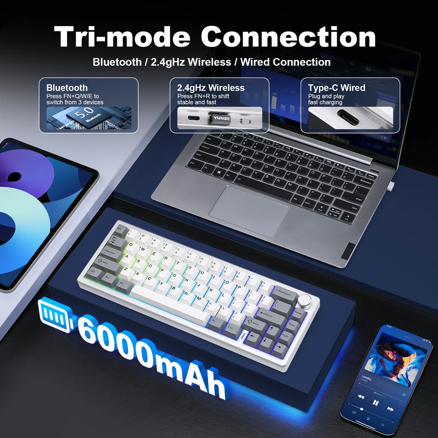 YUNZII AL68 Silver Wireless Custom Mechanical Keyboard