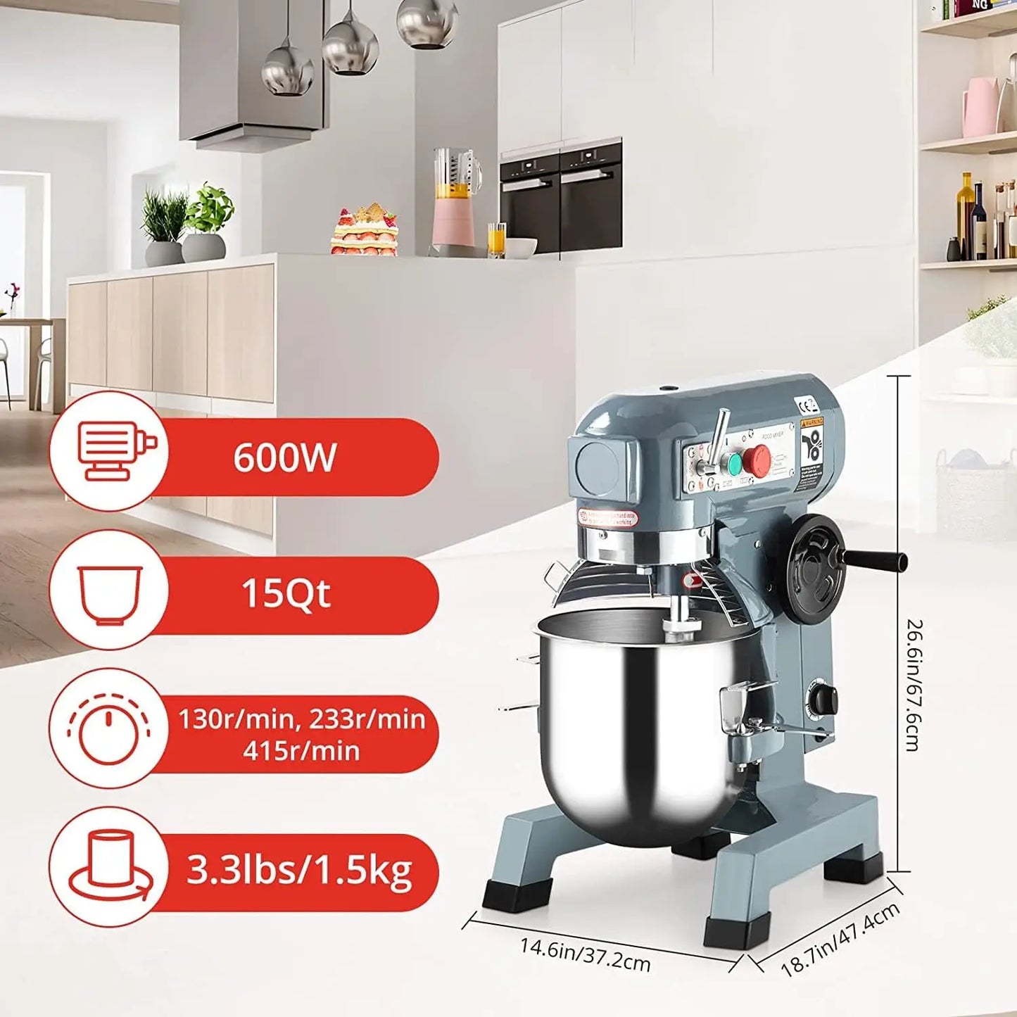 15QT 600w 3-Speed Commercial Stand Mixer