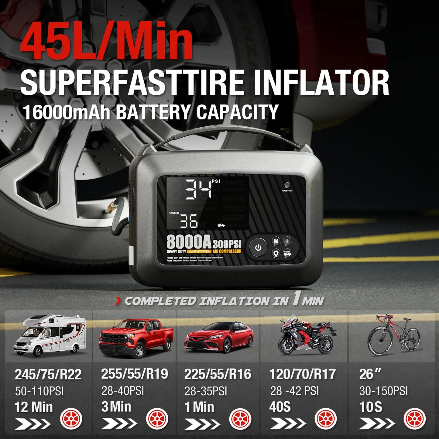 8000A Professional Heavy Duty Car Jump Starter With Air Pump