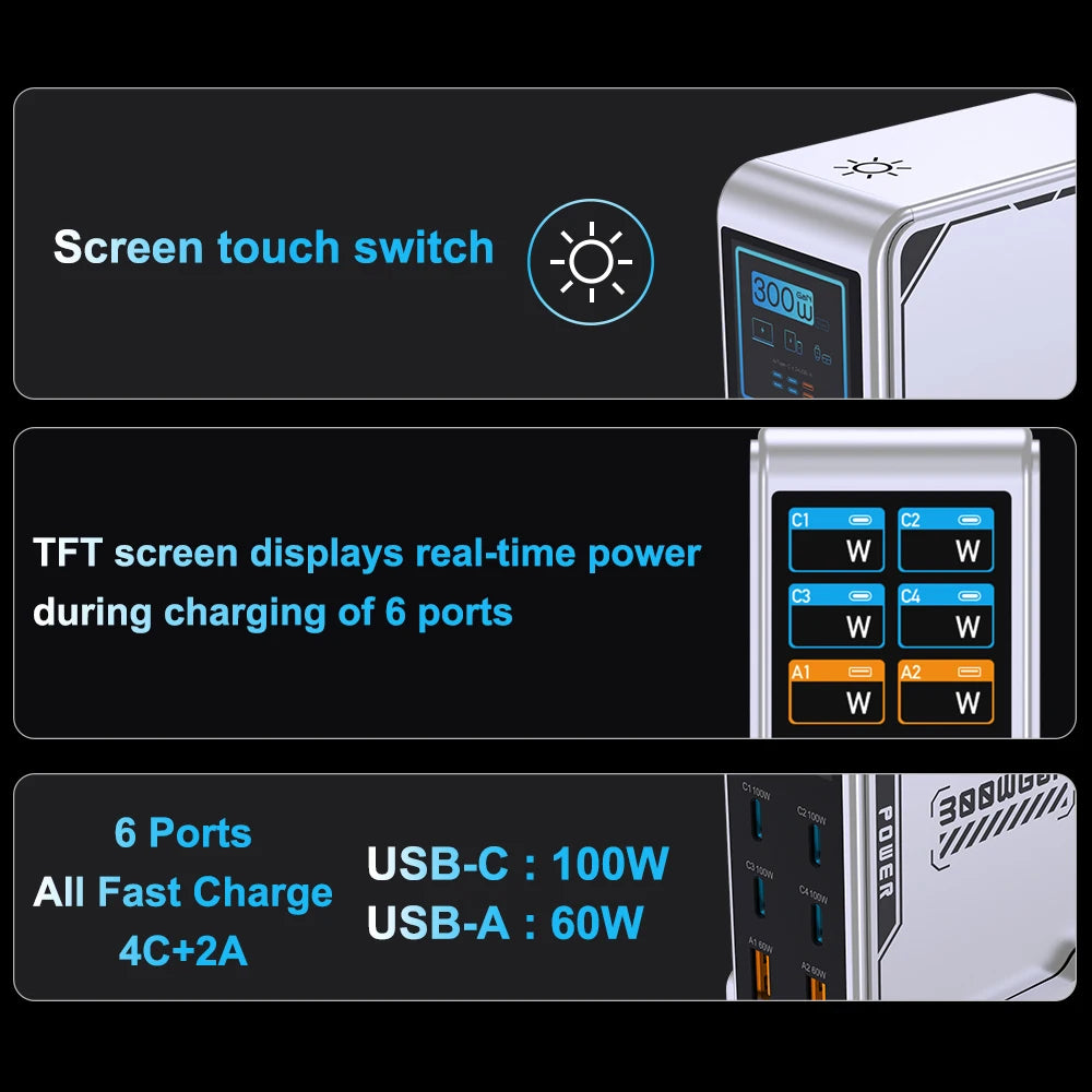 UBIGBUY 300W USB C Charger,6 Ports USB Charging Station