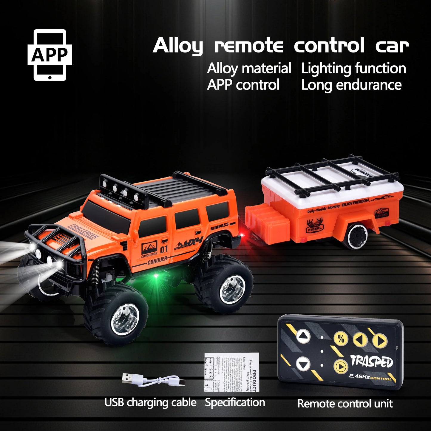 Hotfree 1/64 Mini RC Monster Truck, Metal Off-Road Stomper with Trailer