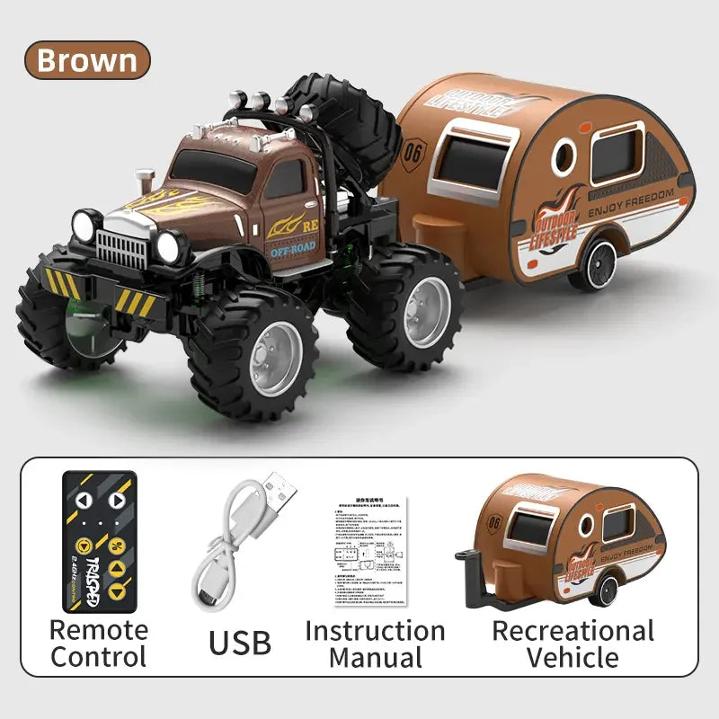 Hotfree 1/64 Mini RC Monster Truck, Metal Off-Road Stomper with Trailer