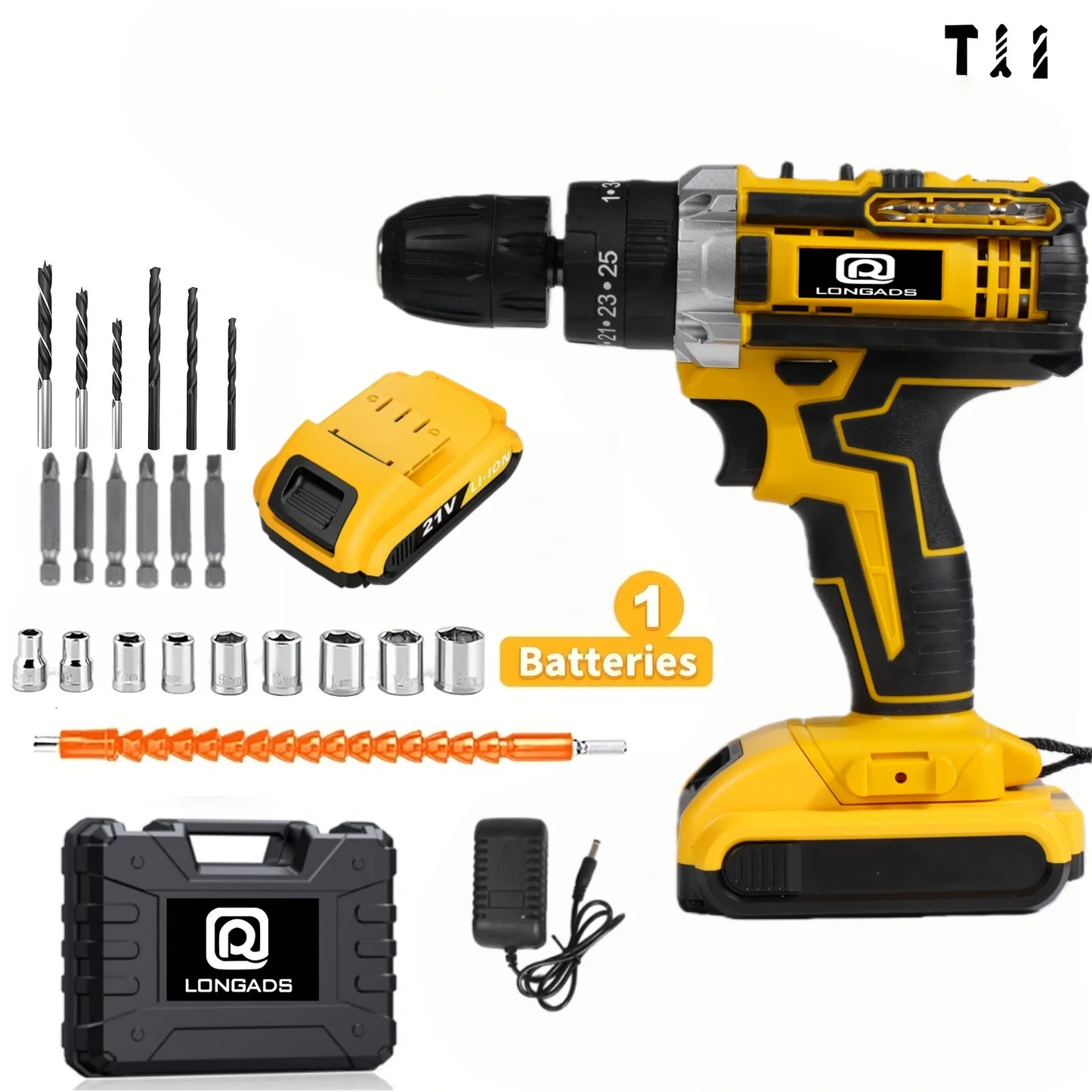 LONGADS 21V Cordless Drill/Driver Kit, 2 Speed, Keyless 3/8"