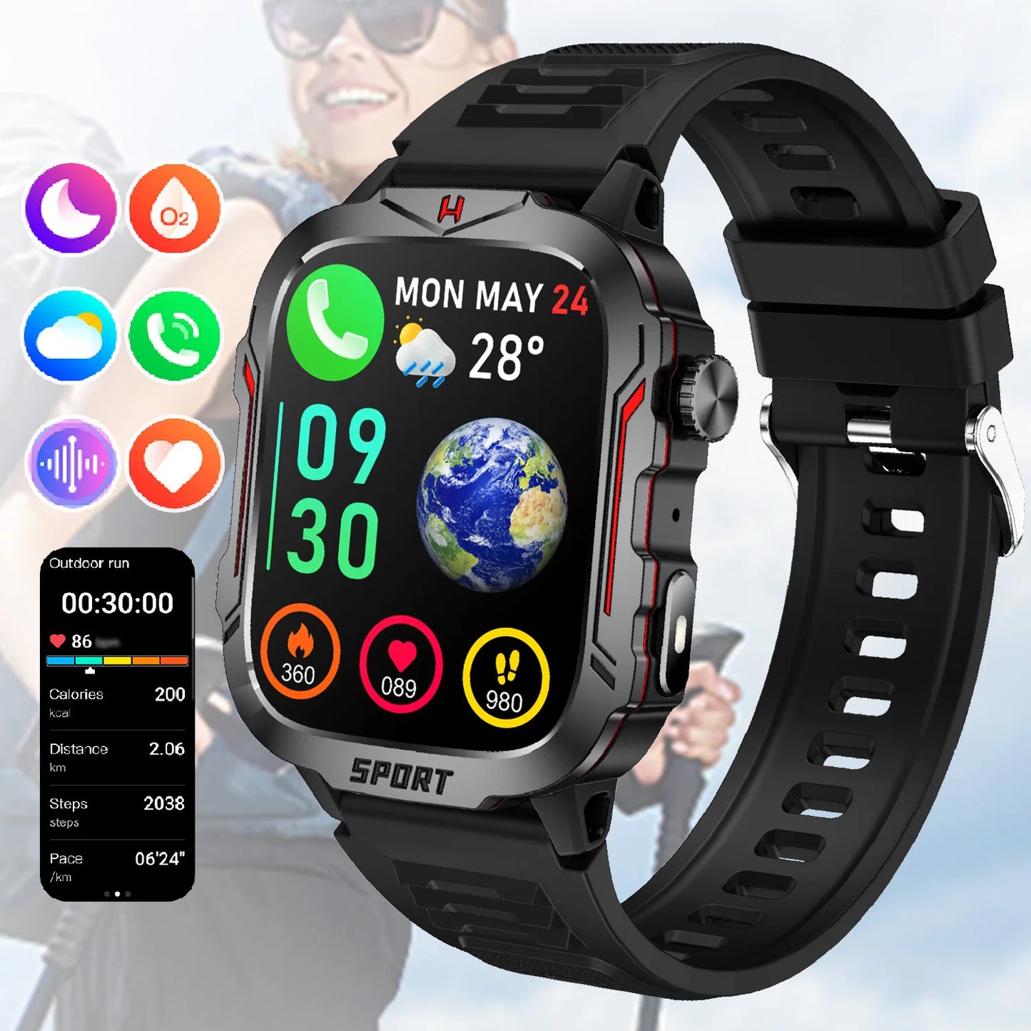 Strong Flashlight Smart Watch for Men/Women