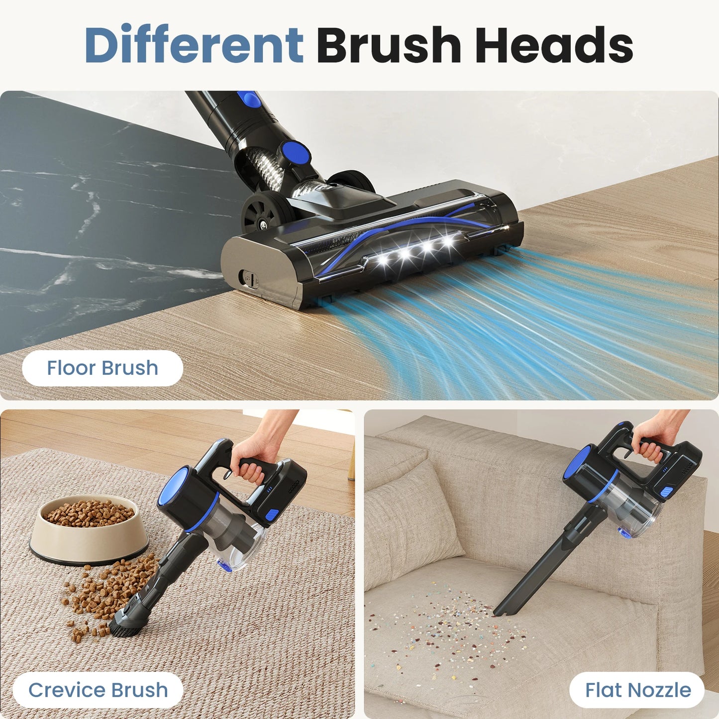 JHK Cordless Vacuum Cleaner with Flexible Steering Extendable Pole 3 Brush Heads Lightweight Wireless Rechargeable Upright Vacuum with LED Light Wall Mount for Hardwood Floors Carpet