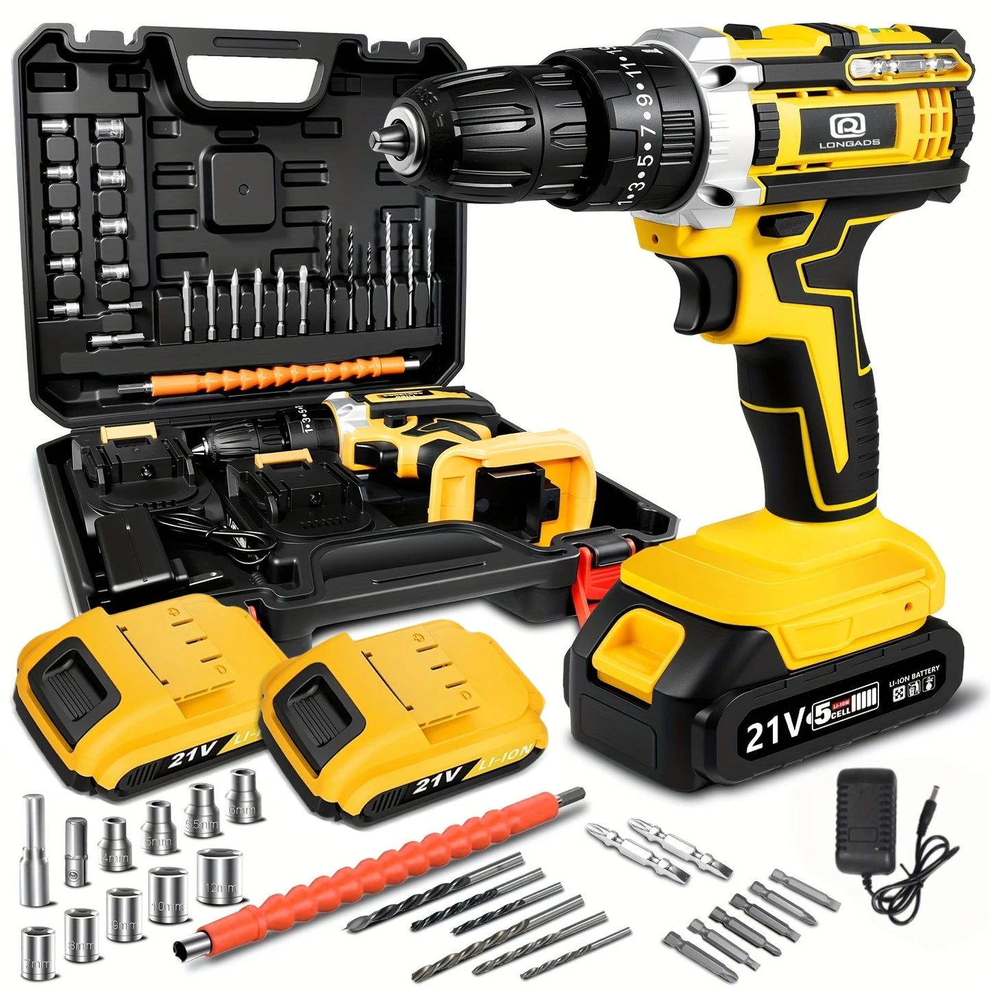 LONGADS 21V Cordless Drill/Driver Kit, 2 Speed, Keyless 3/8"