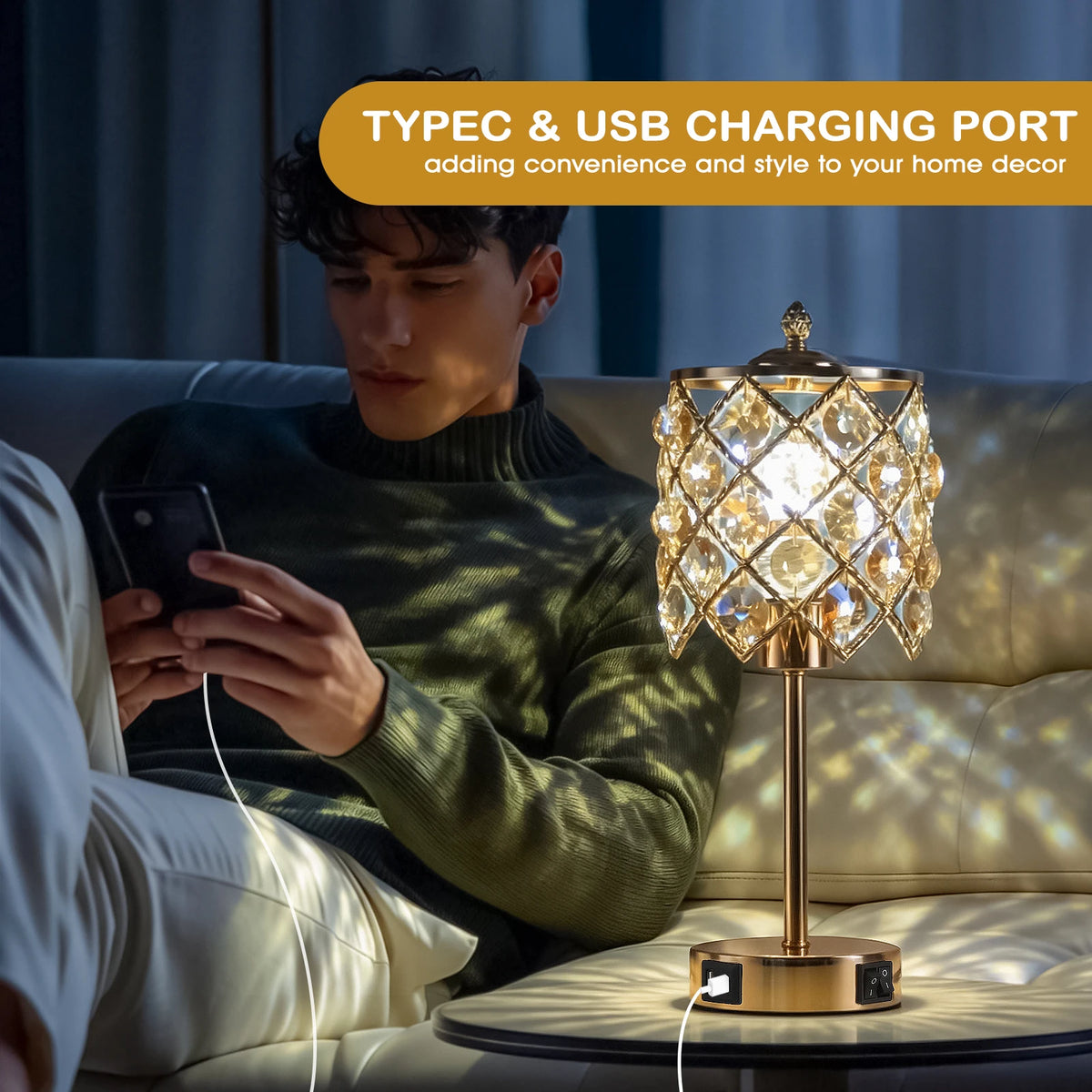 Luxury Gold Crystal Table Lamp with USB Charging Port & AC Outlet