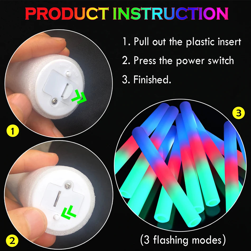 15/25/35/105 Pcs LED Foam Glow Sticks Bulk Colorful RGB