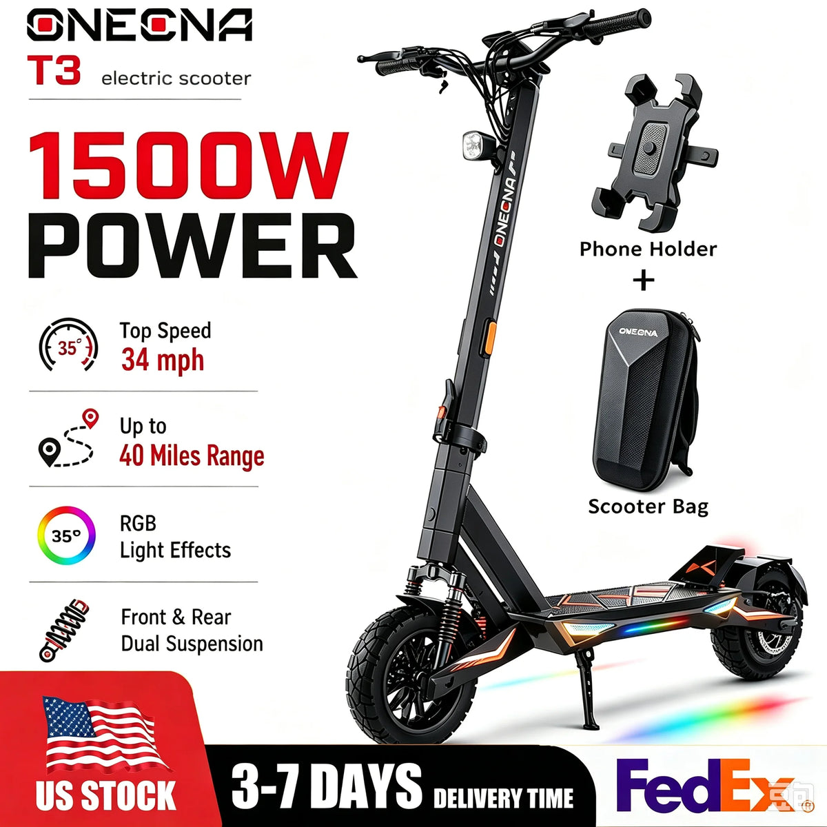 FENGQS T3por T3 1500W 1000W Motor Electric Scooter for Adults, 30mph Top Speed, 40Miles Long Range, Lightweight Foldable Frame, Dual Suspension, 10 Inch Fat Tires E-Scooter