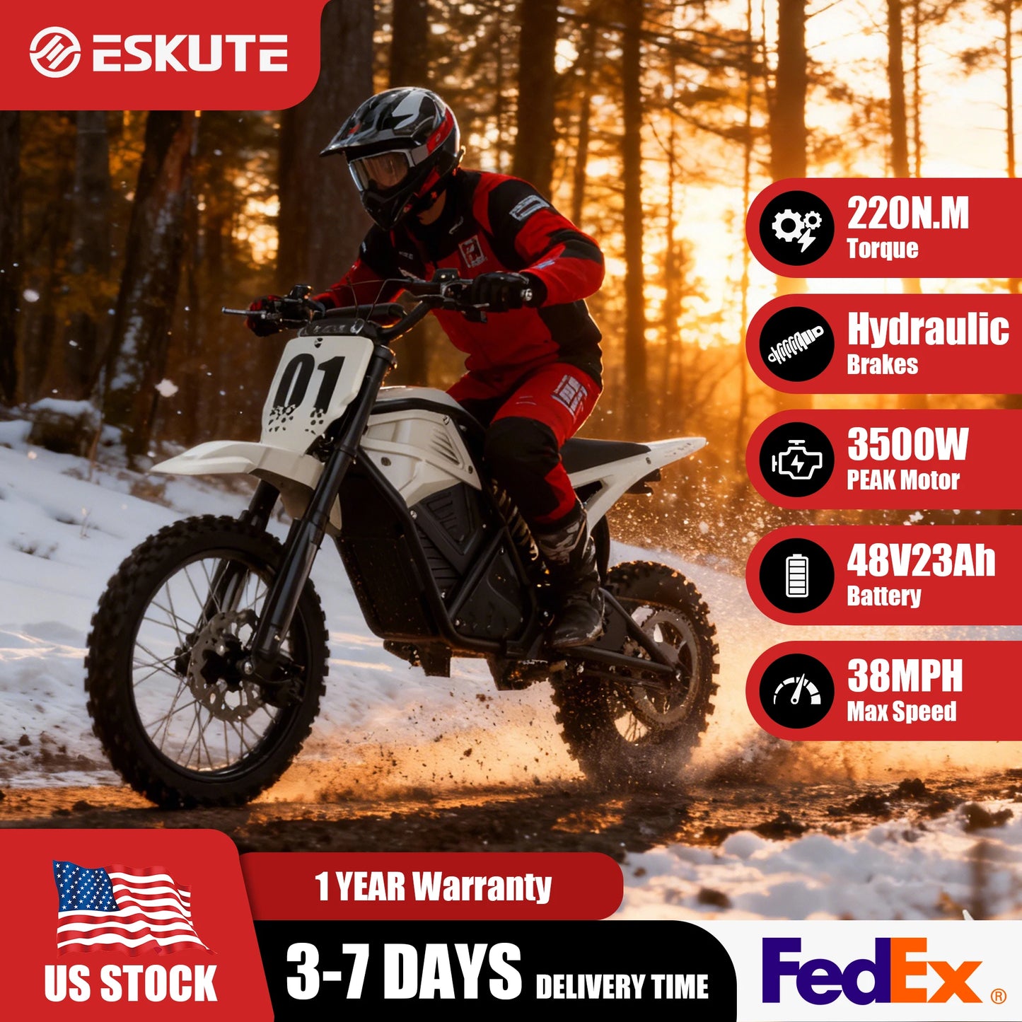 Eskute Electric Mini Dirt Bike for Teens & Adults, 14"/12" Fat Tire 3500W Electric Motorcycle, 48V23Ah Battery E-Bike 38MPH