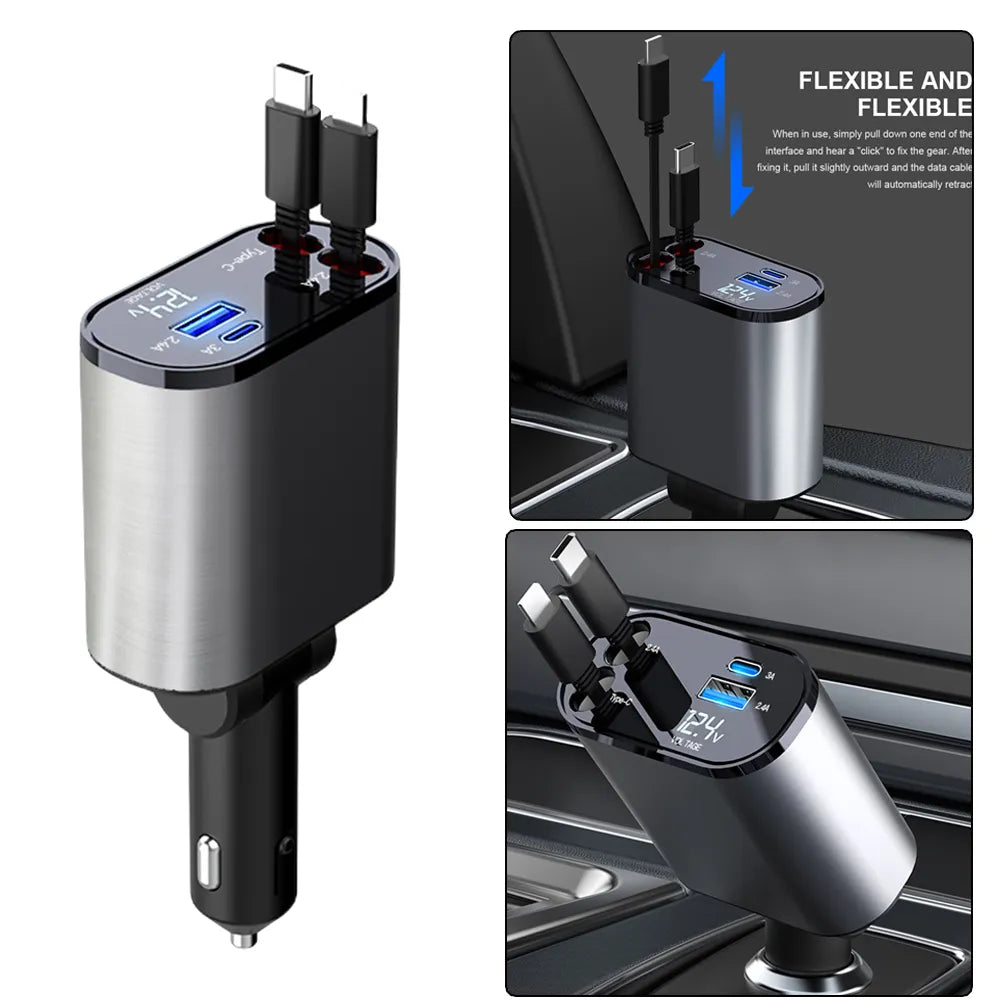 120W 4 IN 1 Retractable Car Charger USB Type C Cable