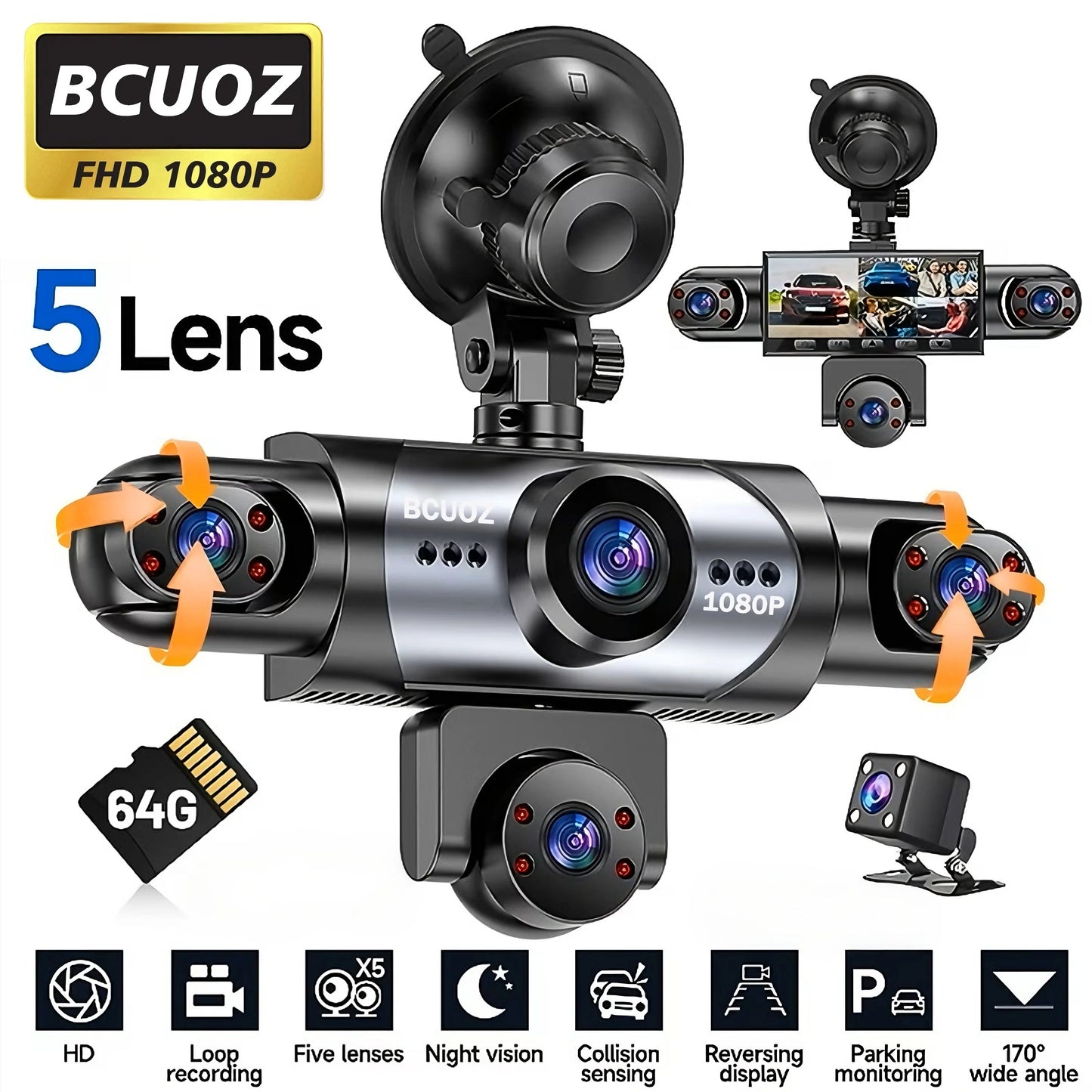 BCUOZ 5-Lens 360° Dashcam 1080P Front 720P Rear