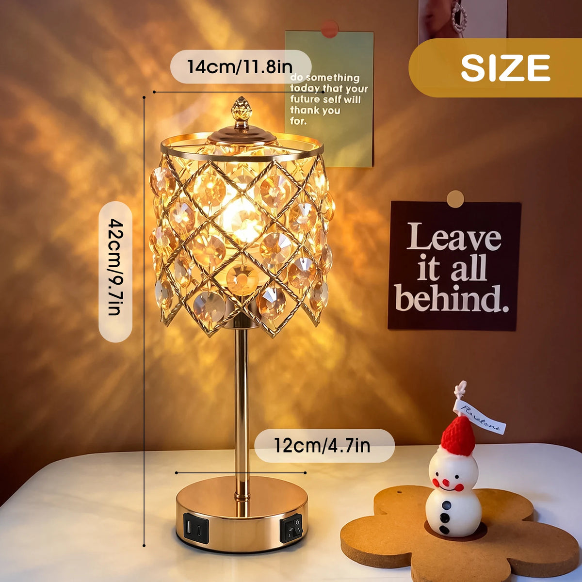 Luxury Gold Crystal Table Lamp with USB Charging Port & AC Outlet