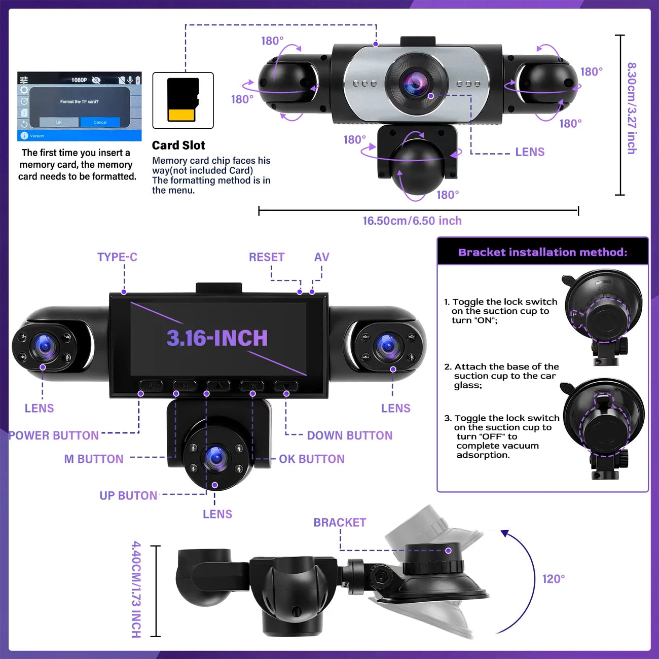 BCUOZ 5-Lens 360° Dashcam 1080P Front 720P Rear