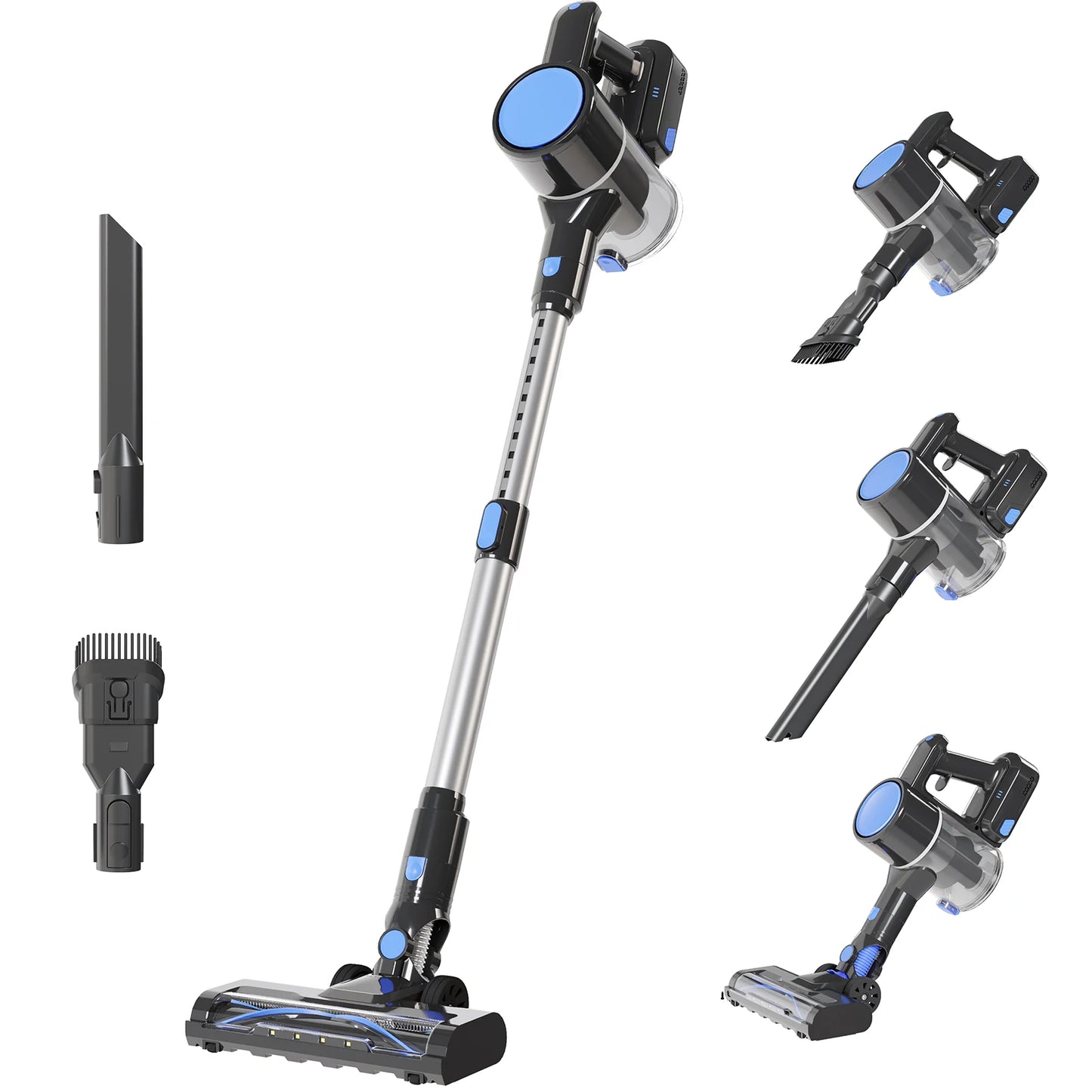 JHK Cordless Vacuum Cleaner with Flexible Steering Extendable Pole 3 Brush Heads Lightweight Wireless Rechargeable Upright Vacuum with LED Light Wall Mount for Hardwood Floors Carpet