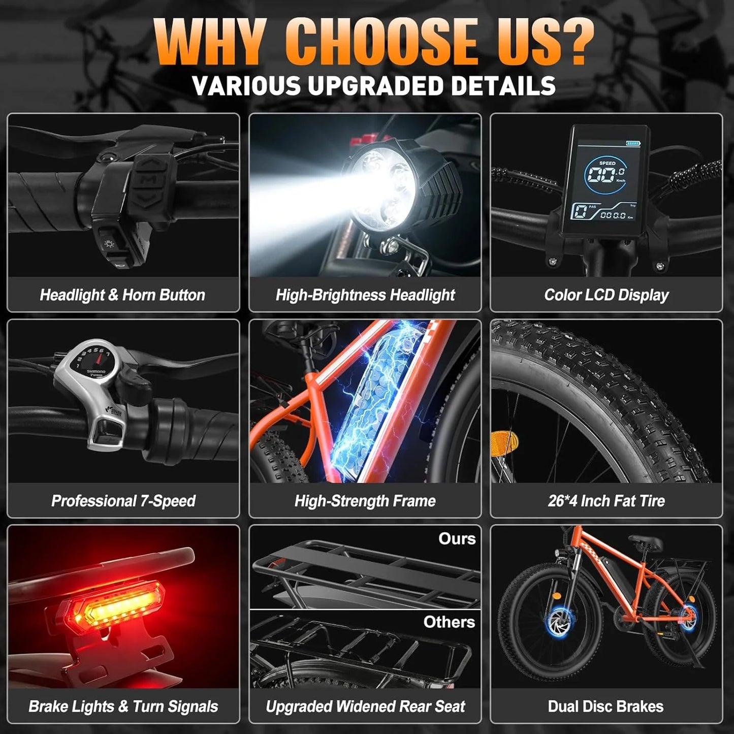 Orange Electric Bike 48V 15AH Battery 1500W Peak Motor