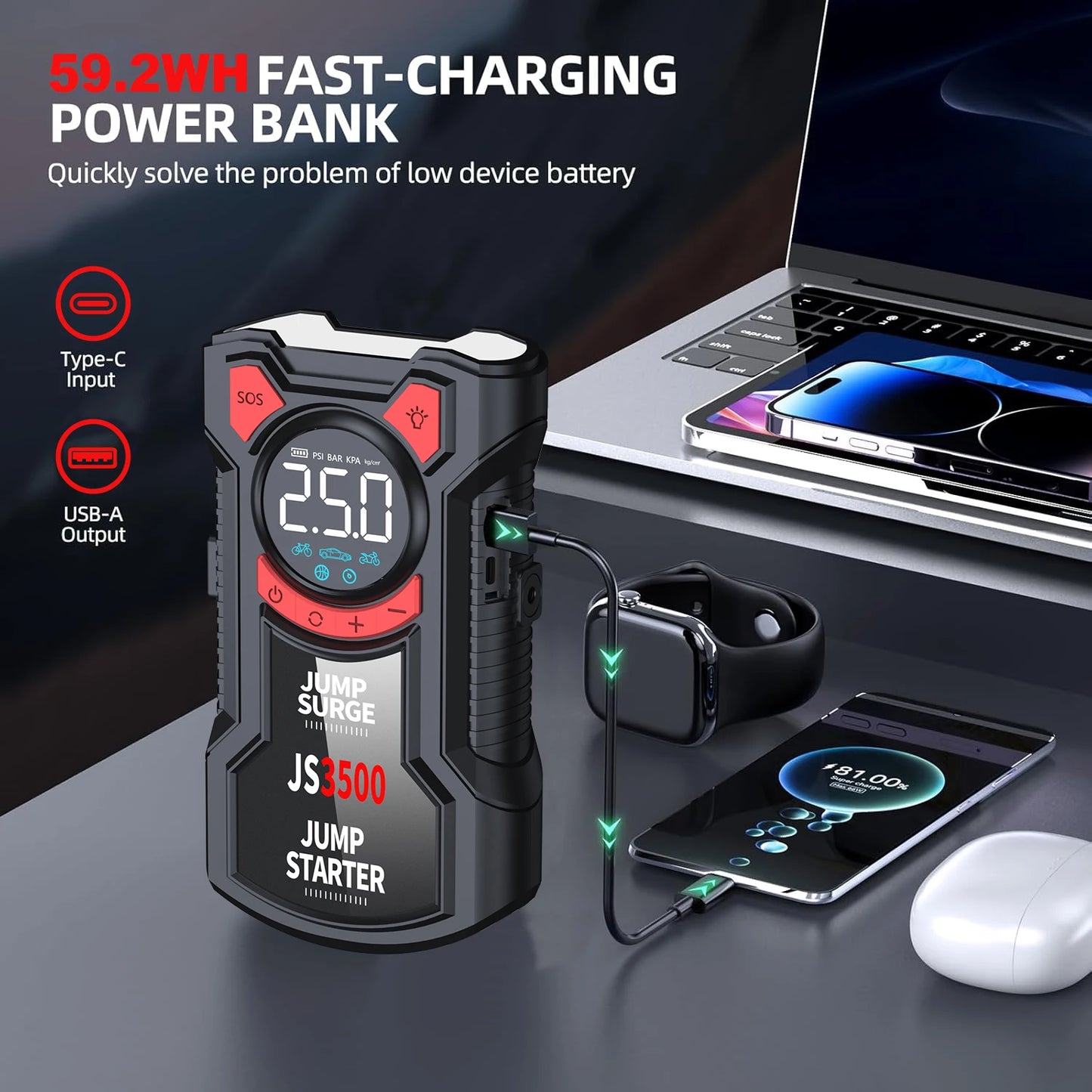 JS 3500 5-in-1 Multifunctional Air Pump Jump Starter